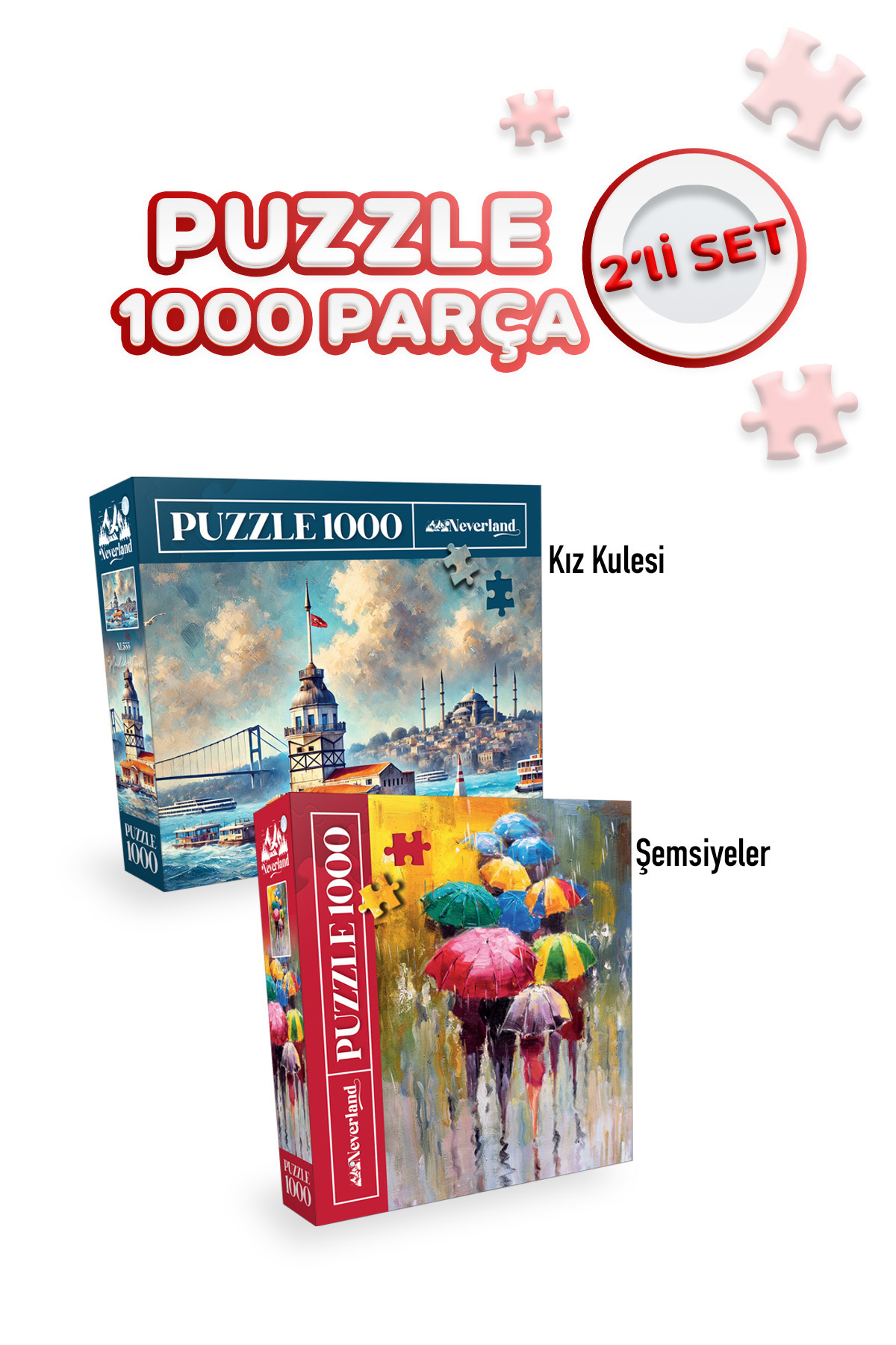Neverland 2 Adet 1000 Parça Puzzle - Kız Kulesi ve Şemsiyeler
