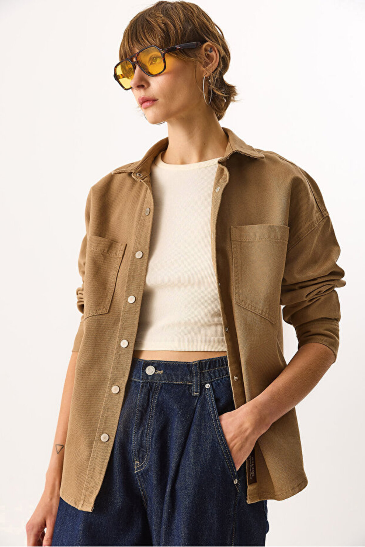 VENA  Kadın Sementa Renkli Jean Dış Gömlek %100 Pamuk - Camel - Görsel 2