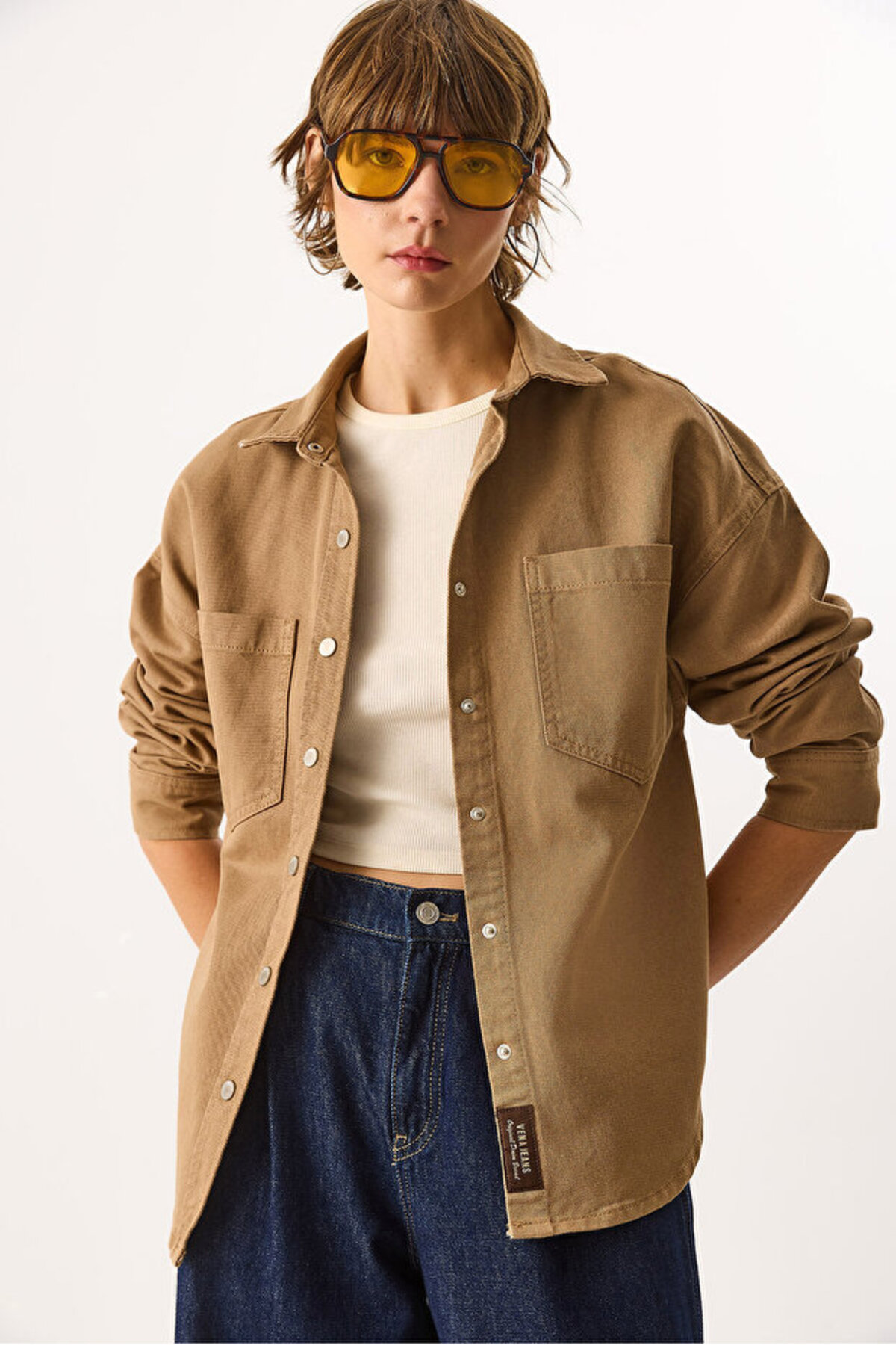 VENA  Kadın Sementa Renkli Jean Dış Gömlek %100 Pamuk - Camel - Görsel 8