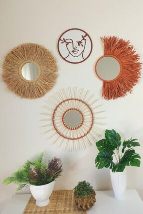 Bubihome Kiremit Bohem Rafya Bambu Ayna 4'lü Set - El Yapımı Doğal Duvar Deko...