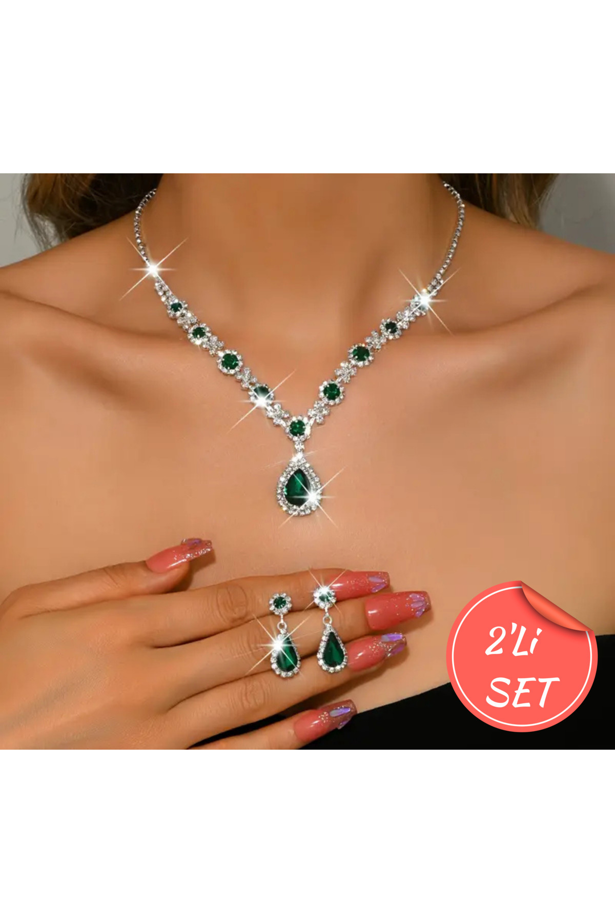 Gümüş Kaplama Zirkon Çiçek Kristal Kolye, Küpe 2'Li Set Abiye Düğün Nişan Davet Takı Set