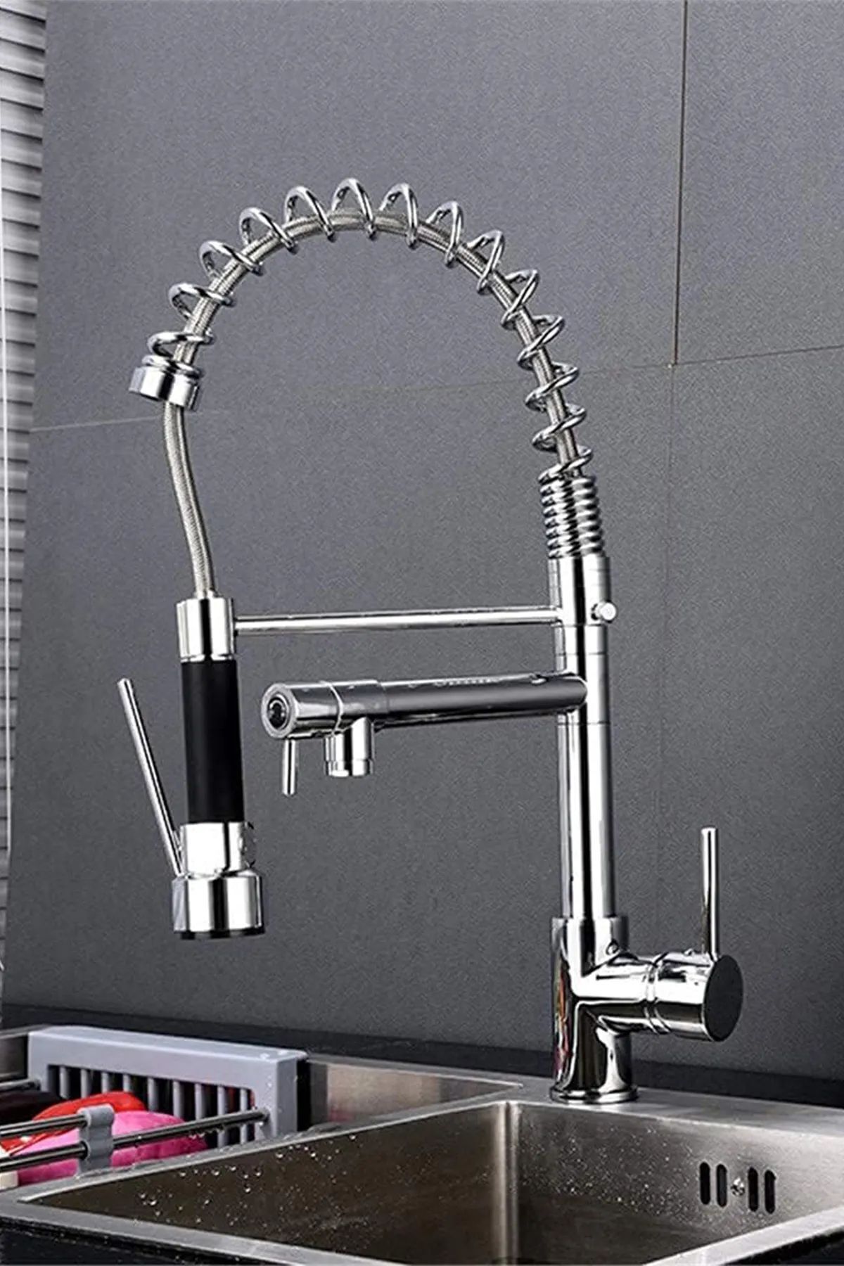 İyem Spiralli Çift Başlı Endüstriyel Lux Mutfak Musluk Evye Bataryası ( Tr. Yüksek Kalite ) TSE