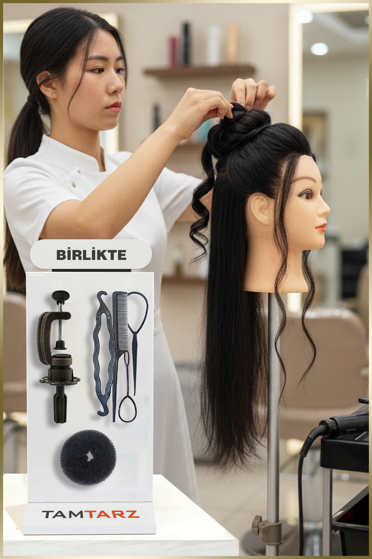 TAM TARZ Kuaför Eğitim Mankeni / Siyah + Masa Aparatı + Örgü Seti + Topuz Süngeri