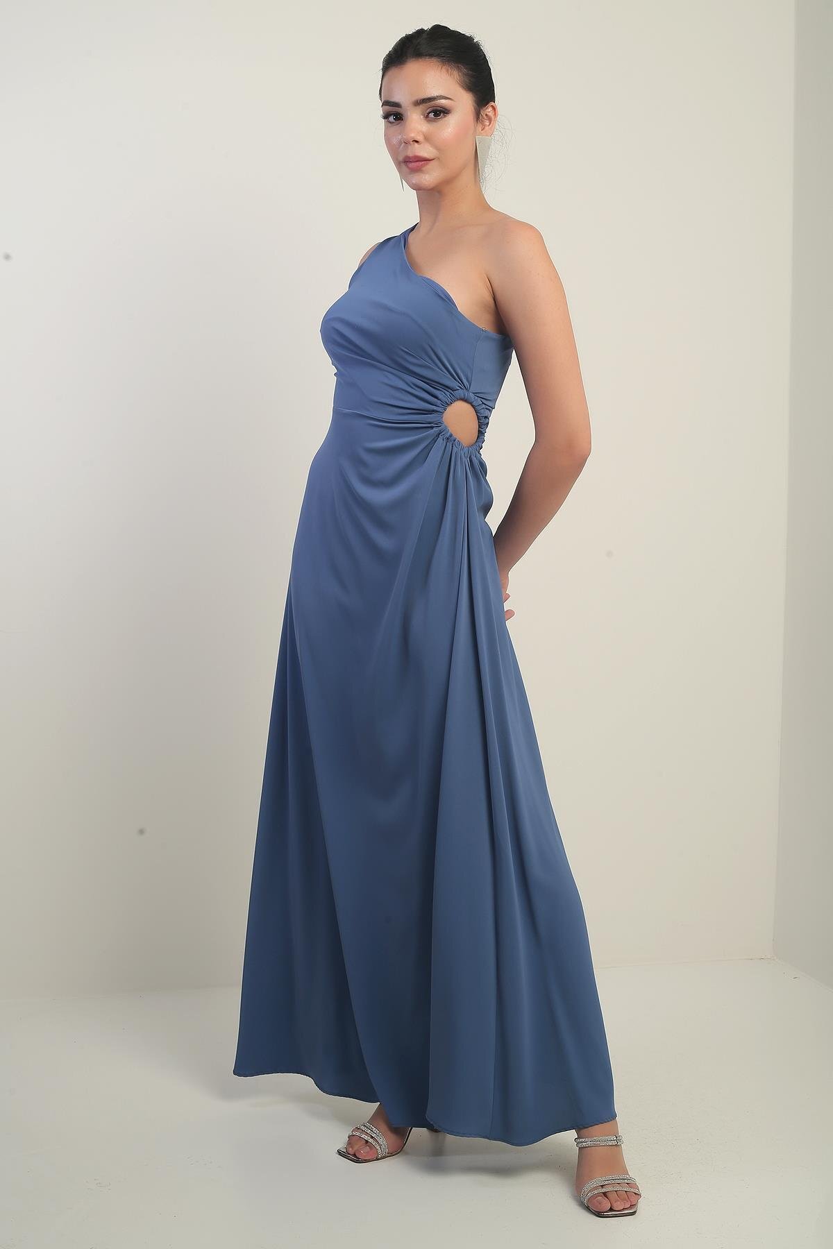 Women's One Shoulder Side Window Detailed Long Crepe Satin Dress Slim Fit