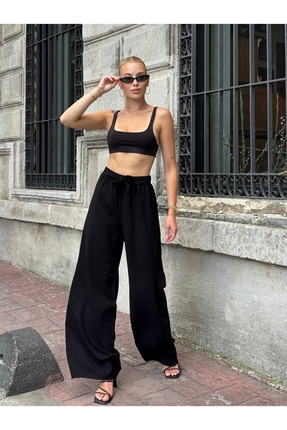 MAMAYAGA Kadın Yüksek Bel Kuşaklı %100 Viscose Pamuk Geniş Paça Şık Casual Bü...