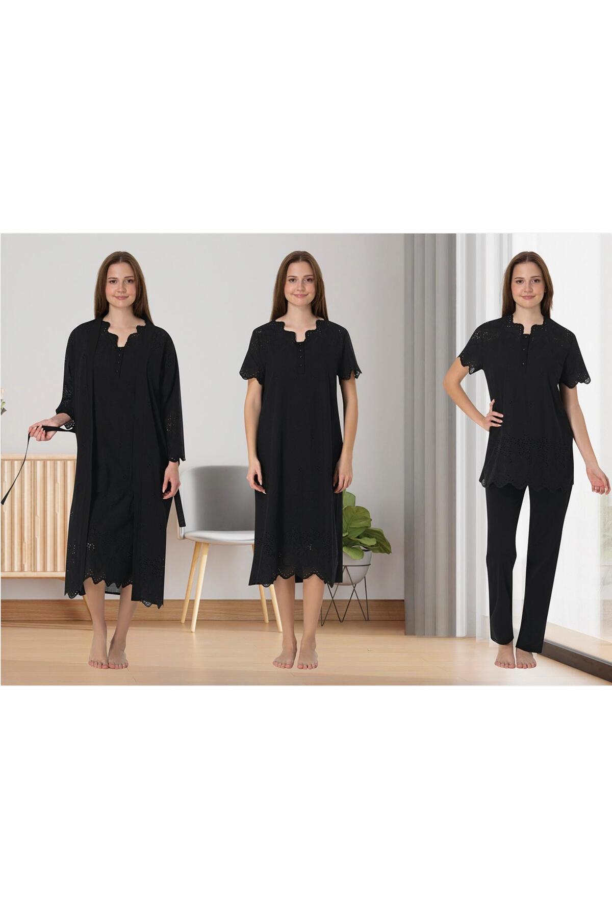 Lohusa Homewear Kadın Siyah Keten Fistolu Hamile Lohusa Sabahlık Pijama Takımı Gecelik 4'Lü Set