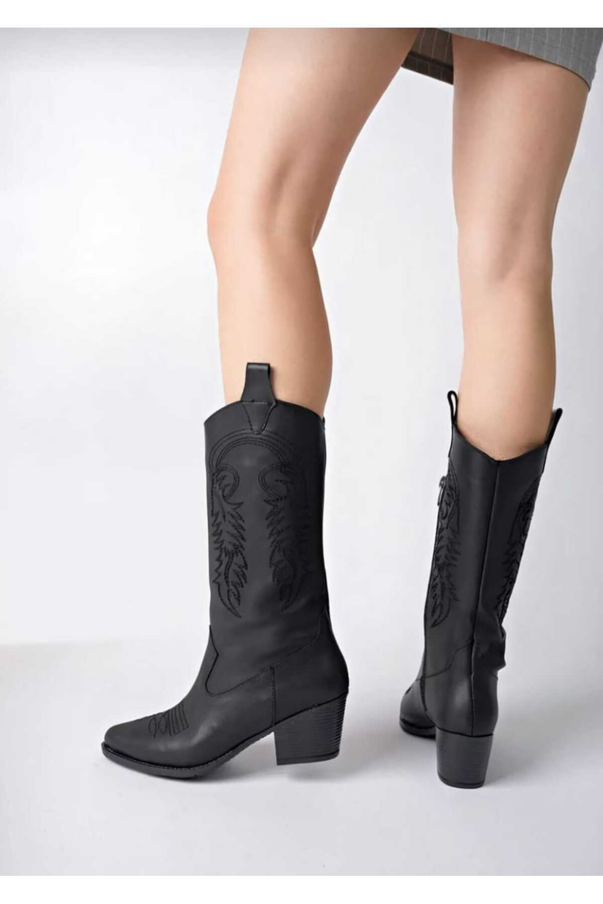 LZ SHOES  Kadın Siyah Deri Nakışlı Yeni Sezon Kovboy Çizme - Görsel 2