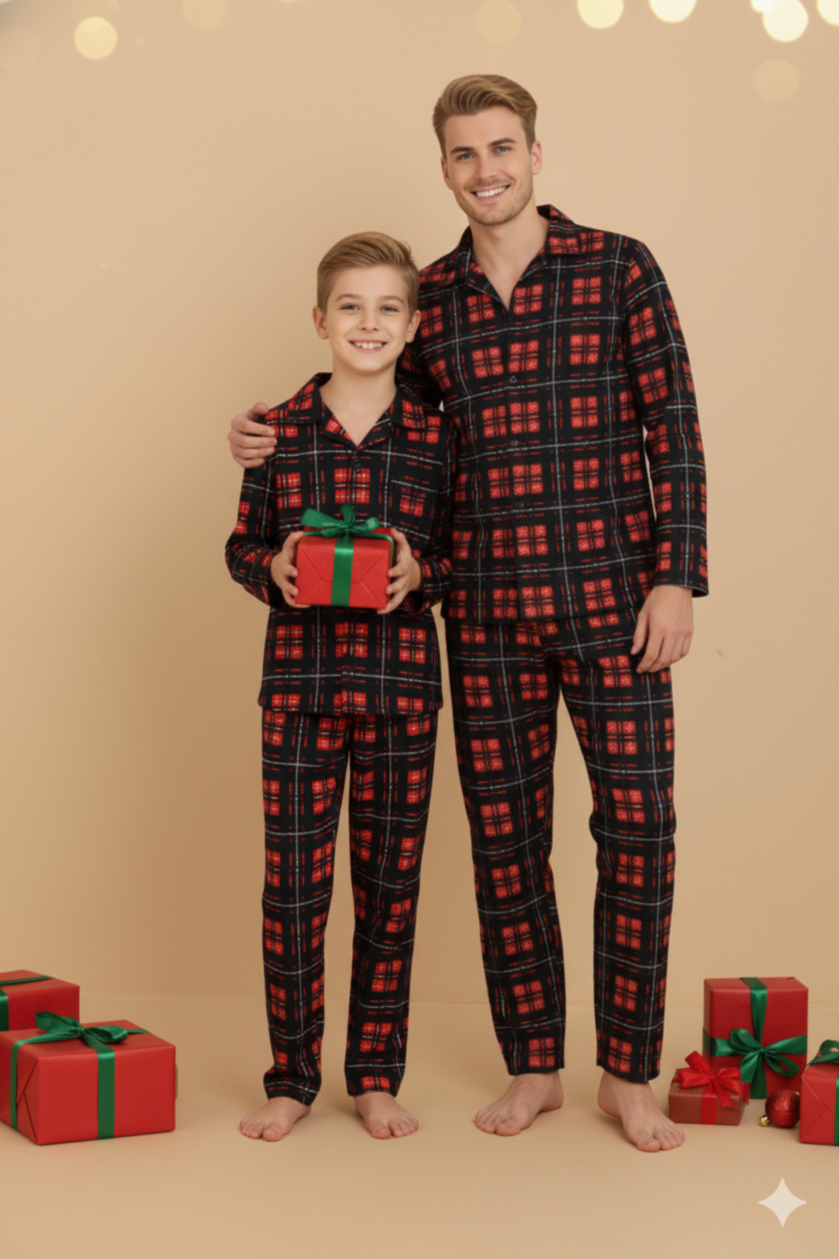 Free Beka Kırmızı Ekose Desenli Baba Oğul Uzun Kollu Gömlek Yaka Düğmeli Erkek Pijama Takımı