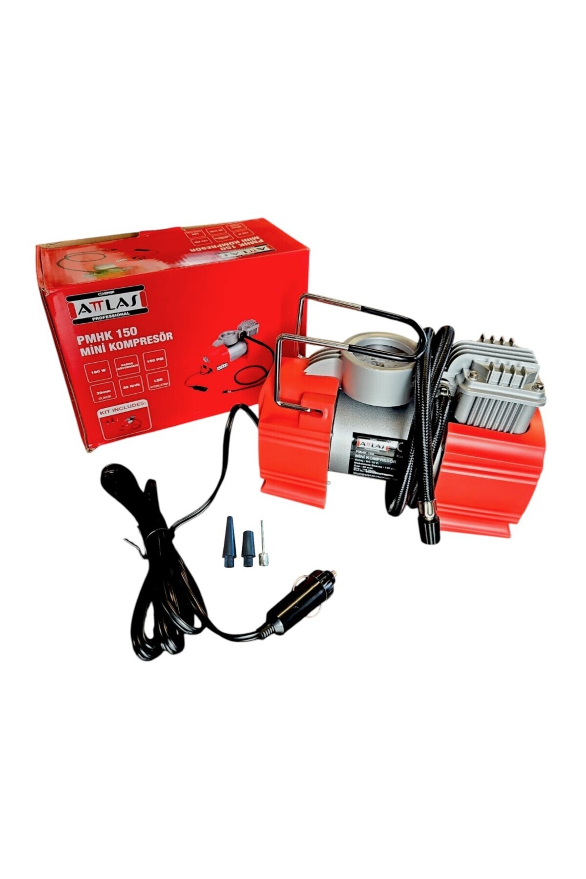 Attlas PMHK 150 Mini Kompresör – Taşınabilir Hava Kompresörü, Lastik & Top Şişirme, LED Işıklı, Akse