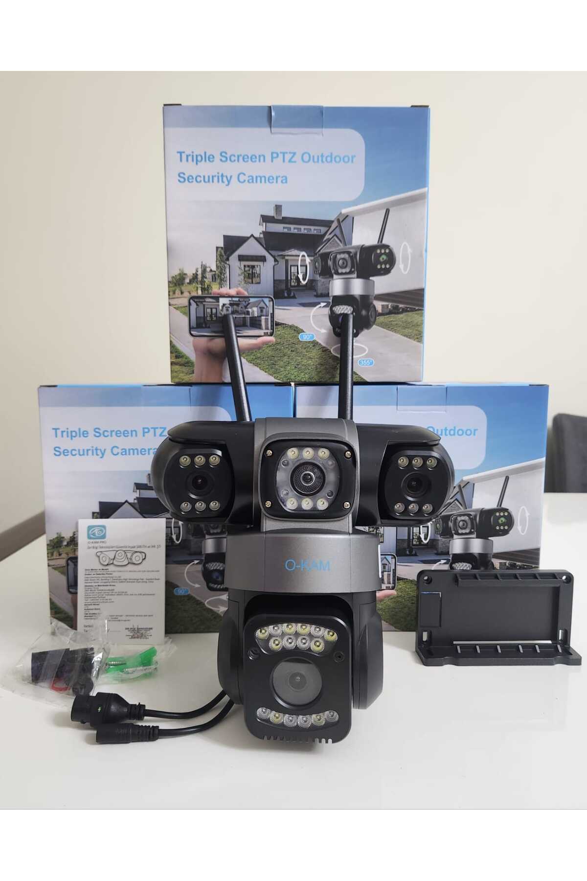 TekRenkMarket O-kam Okam 6030 3 Kameralı 9mp Wıfı Ptz Kamera Gece Görüşlü Güvenlik Kamerası Adaptör Hediye