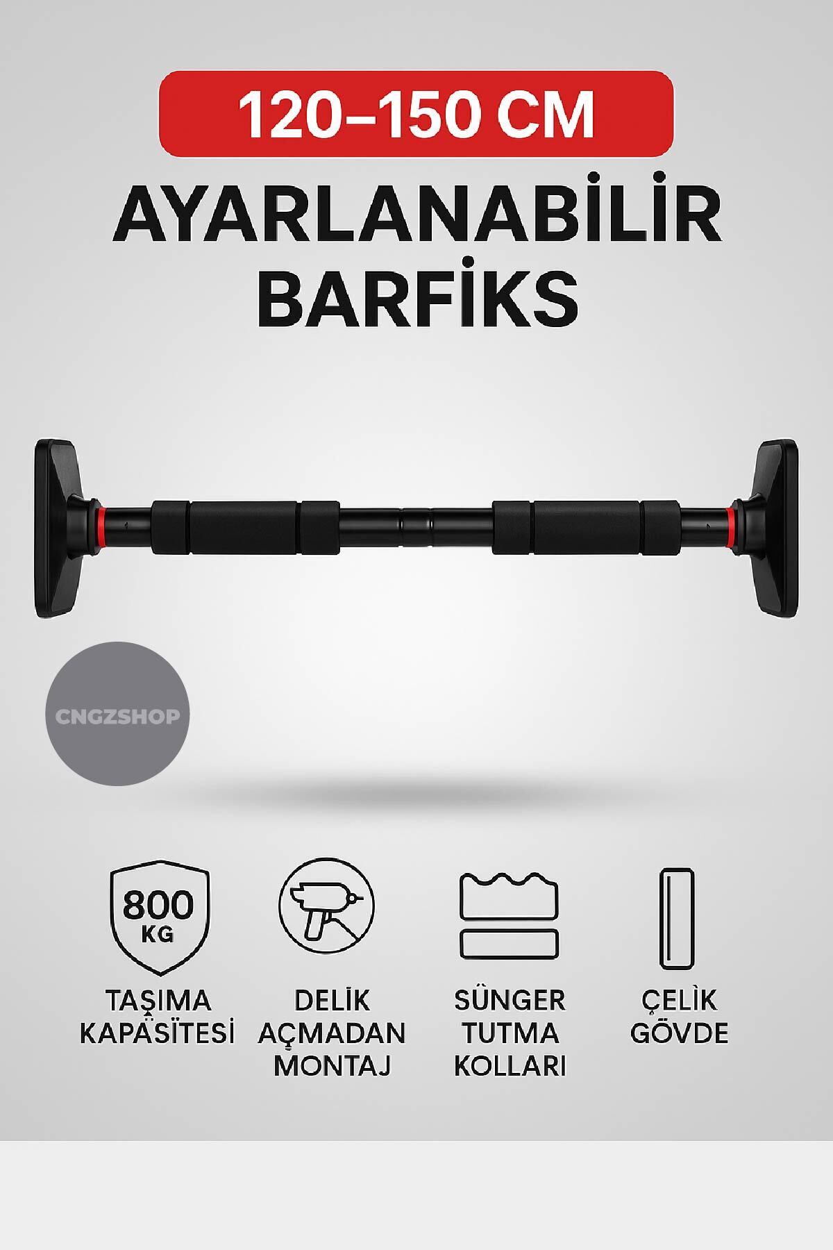 CNGZSHOP Ayarlanabilir Kapı Barfiksi (120–150 cm) | Sünger Tutma Kolları, Çelik Gövde, Delmeden Montajlı Barf
