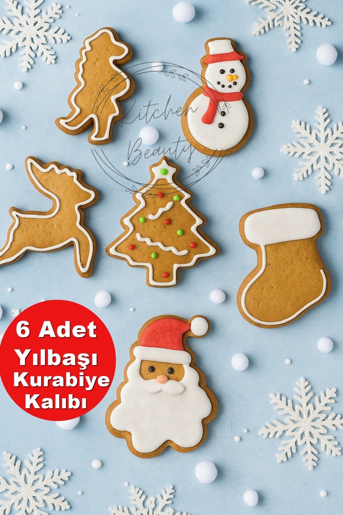 Kitchen Beauty 6'lı Yılbaşı Kurabiye Kalıbı Paslanmaz Çelik Kar Tanesi Çam Ağacı Kardan Adam Yılbaşı Christmas