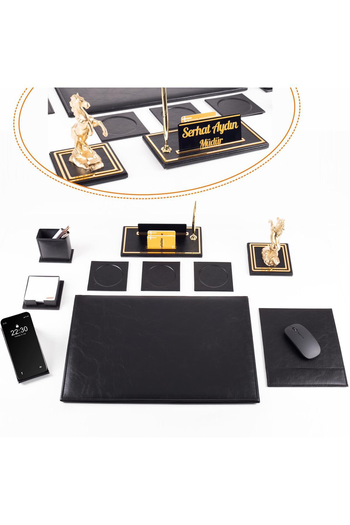 Ofistike Opta 10 Parça Şahlanan At Biblolu Siyah Deri Sümen Seti Takımı Gold Kalem Ofis Masa İsimliği Lüks İs