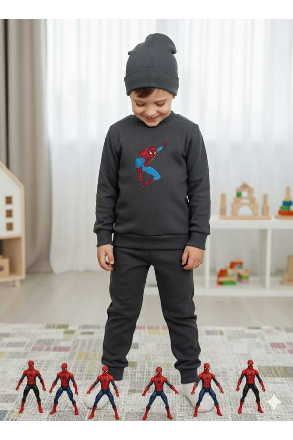 JOJOBAMBİNO Örümcek Adam Nakışlı Erkek Çocuk Bebek Kaşkorse Fitilli Bereli 3'lü Alt Üst Takım Günlük Kreş fotoğrafı 2 (önizleme)