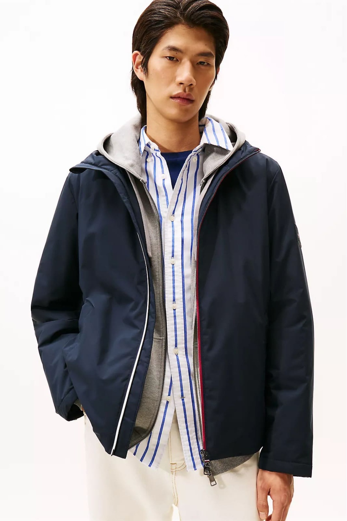 تامی هیلفیگر کاپشن مردانه کلاه‌دار سایز معمولی با زیپ و طرح راه‌راه - سرمه‌ای