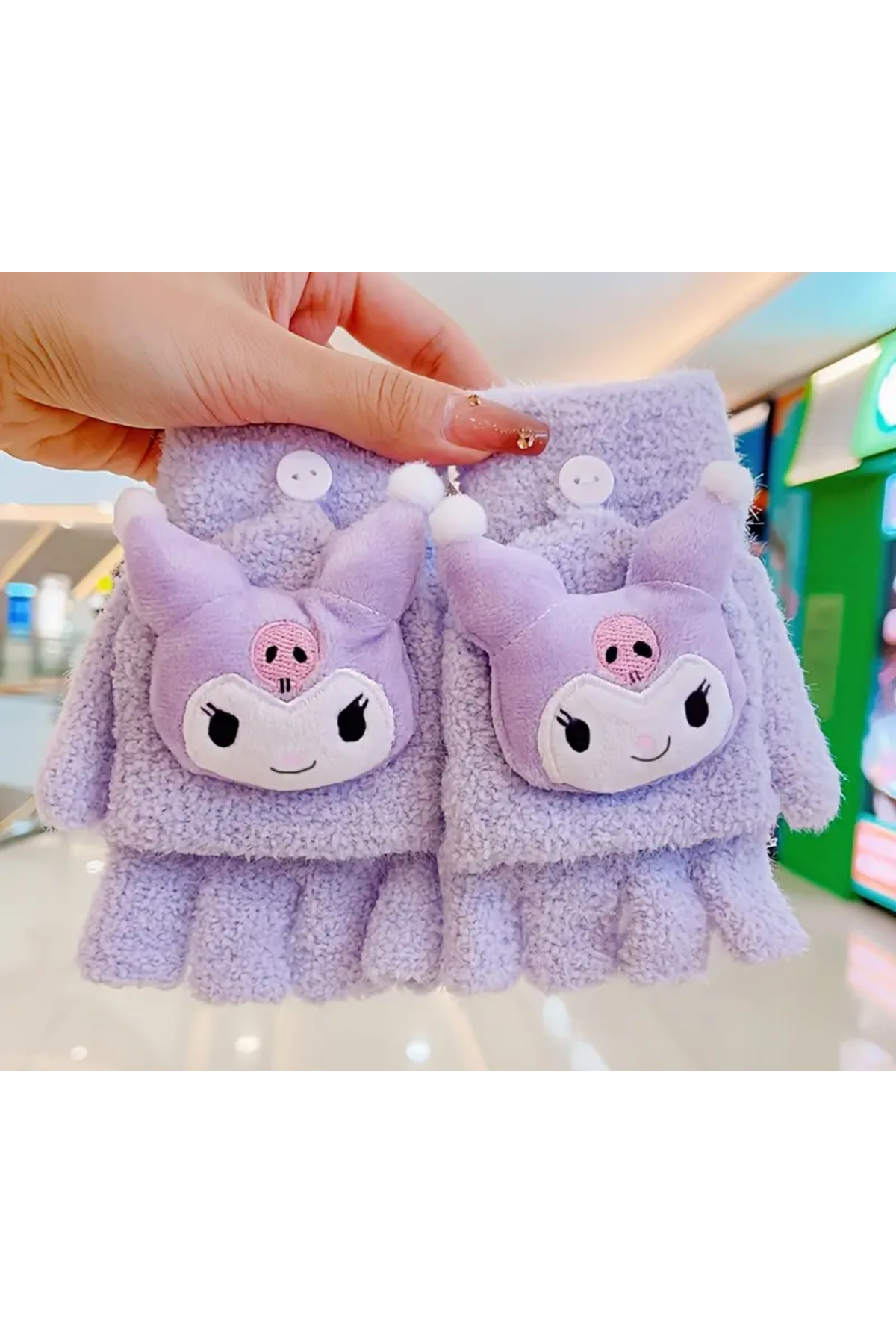 BALCI HEDİYELİK Kuromi Peluş Eldiven Sonbahar Ve Kış Pluş Rüzgar Geçirmez Karikatür Eldiven