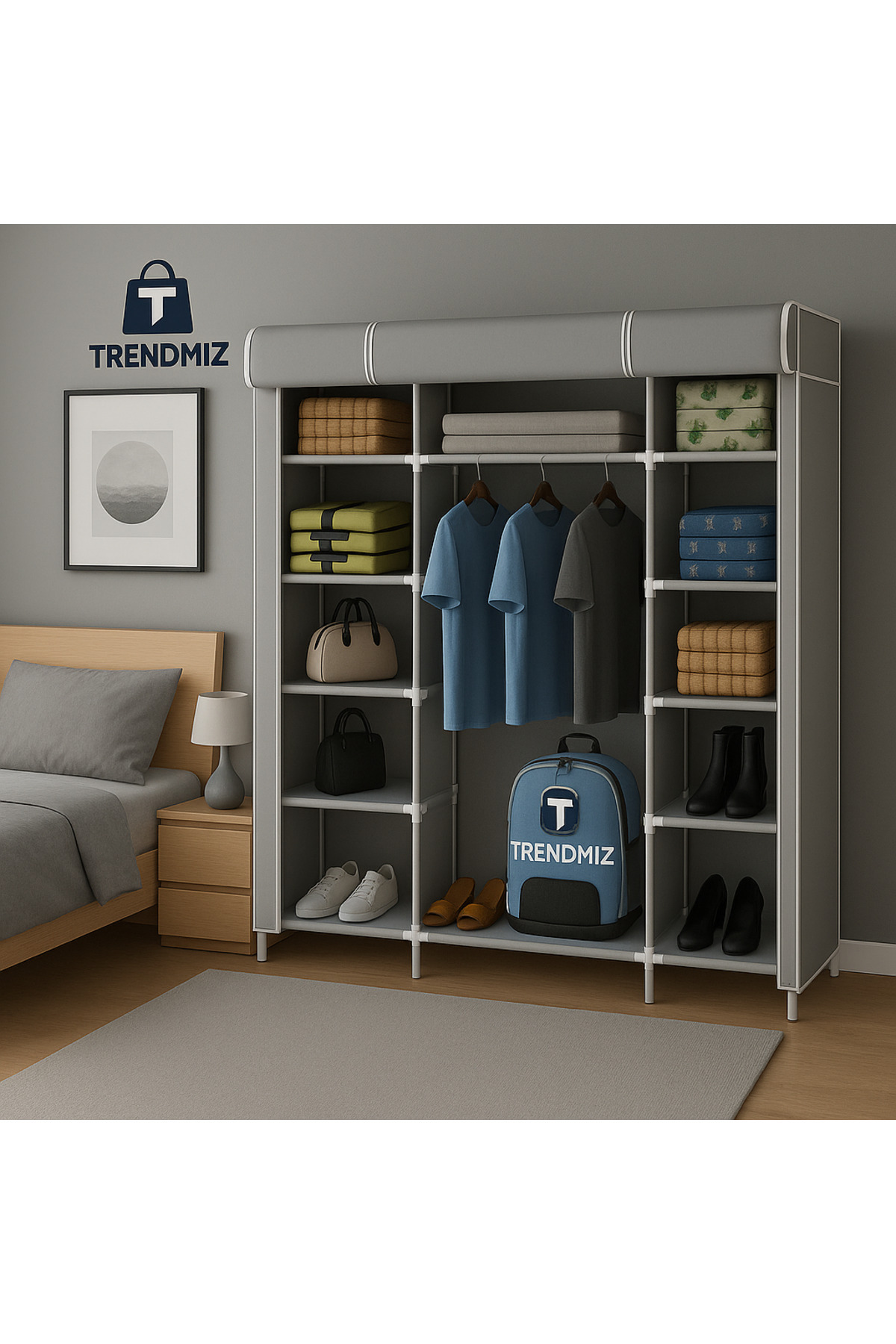 Trendmiz çift Yandan Raflı Bez Dolap | Kumaş Gardırop | Toz Geçirmez Fermuarlı Dolap