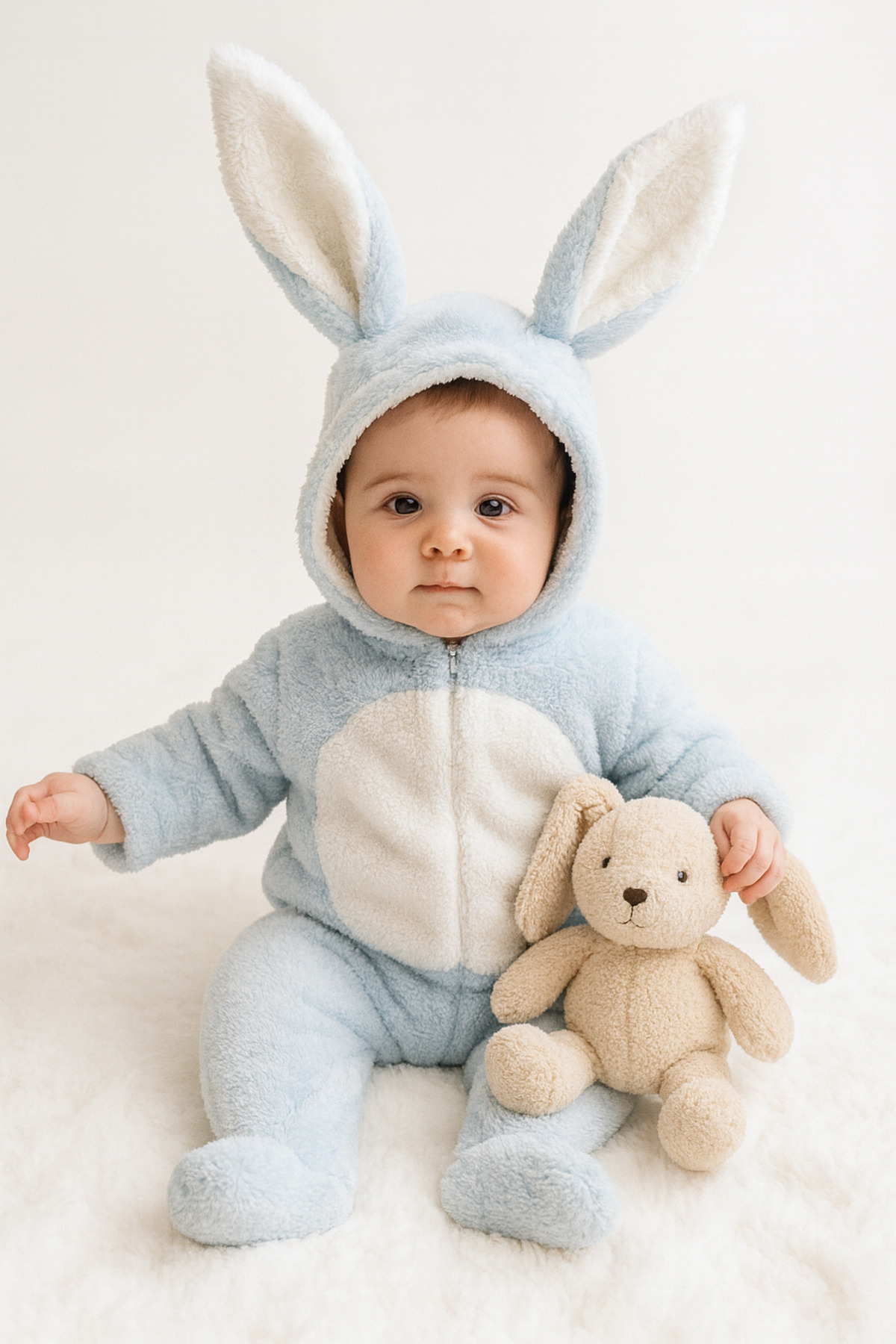 AKİ MODA KİDS Tavşan kulaklı peluş patikli fermuarlı erkek bebek tulum Kış kalın dış mekan 1 beden büyük alınız fotoğrafı 2 (önizleme)