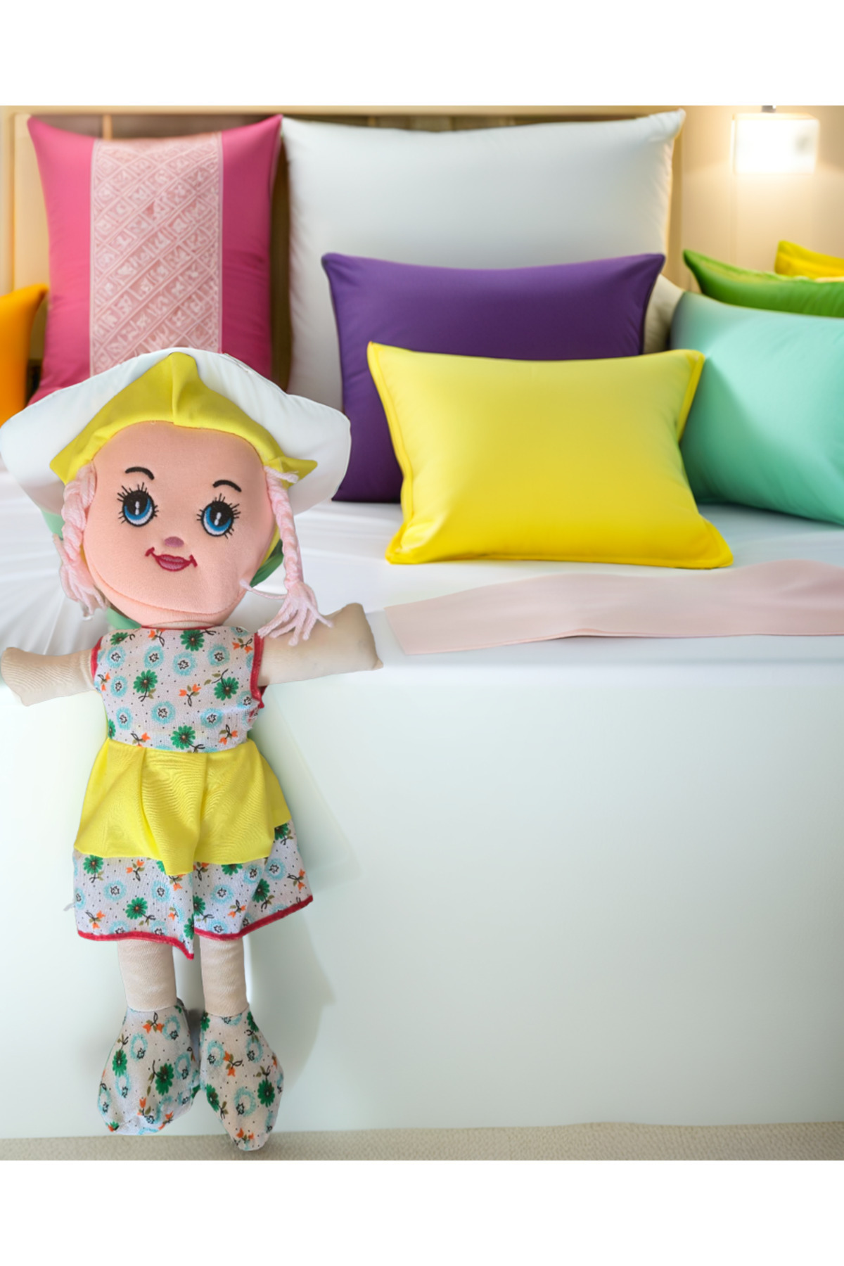 Foto Yiğit Kız Çocuk Oyuncak Bebekler Sarı Elbiseli 50cm Oyuncak Bez Bebek Çok Renkll Eğitici Oyuncak Bebek fotoğrafı 3 (önizleme)