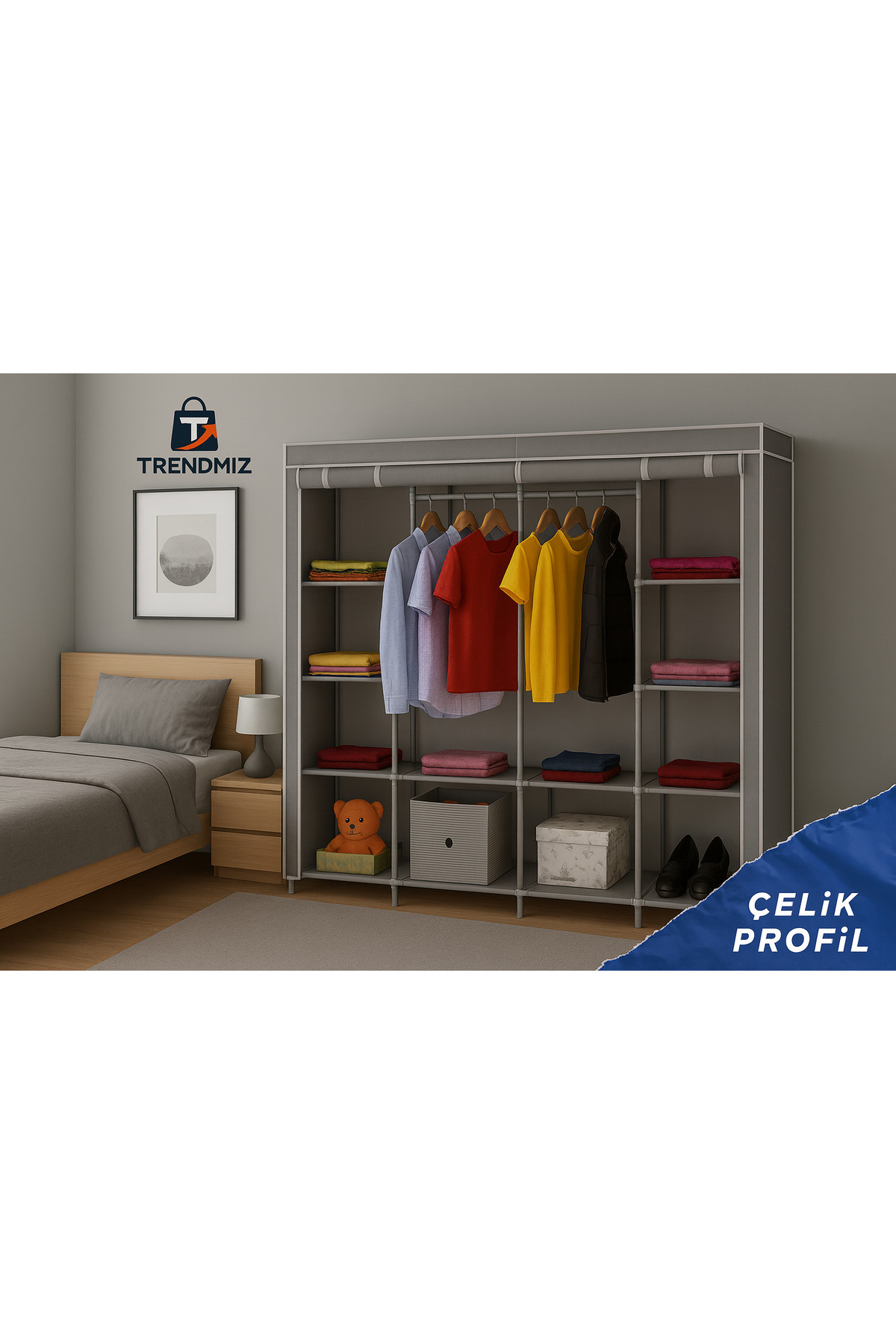 Trendmiz mother çift Raflı Bez Dolap | Metal İskeletli bez dolap | Toz Geçirmez Fermuarlı Hurç Dolap