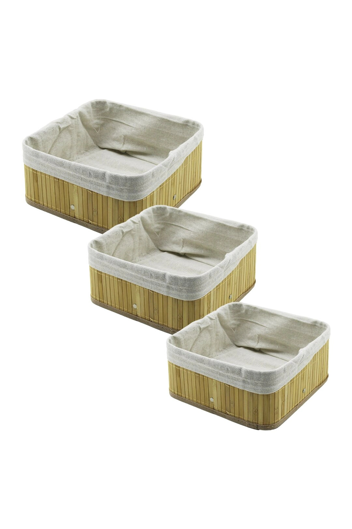 SELFBUYSELL 3 BOY KARE BAMBU KENAR ORGANİZER SEPET AHŞAP ALTLIK - BEZLİ 17X17-21X21-26X26CM (5324)