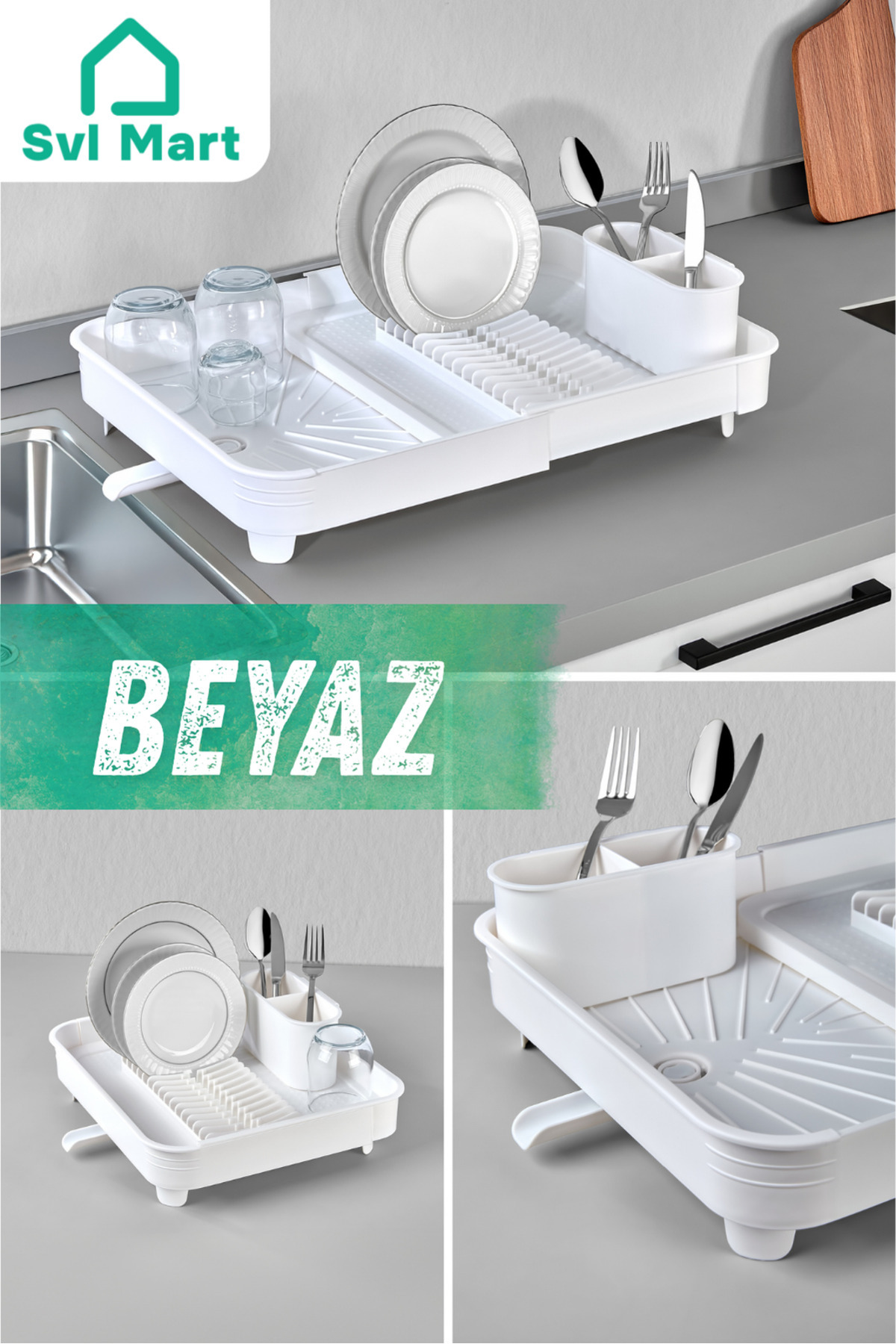 SVL MART Sürgülü Tabaklık Açılır Kapanır Bulaşıklık Kurutma Sepeti - Beyaz