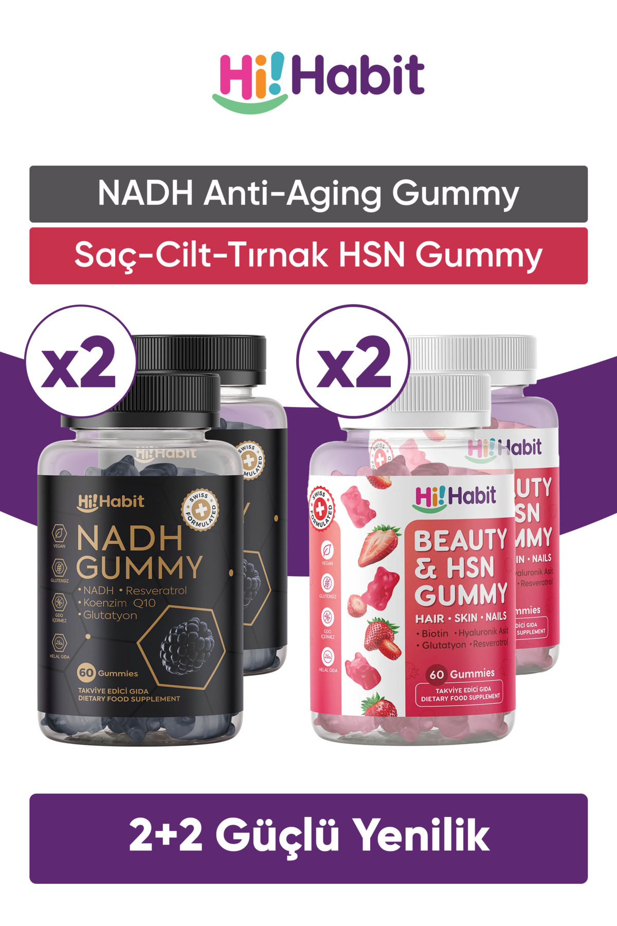 Hi Habit Hsn (2 Adet) Saç, Cilt ve Tırnak - Nadh (2 Adet) Koenzim Q10 Gummy Vegan Takviye Edici Gıda