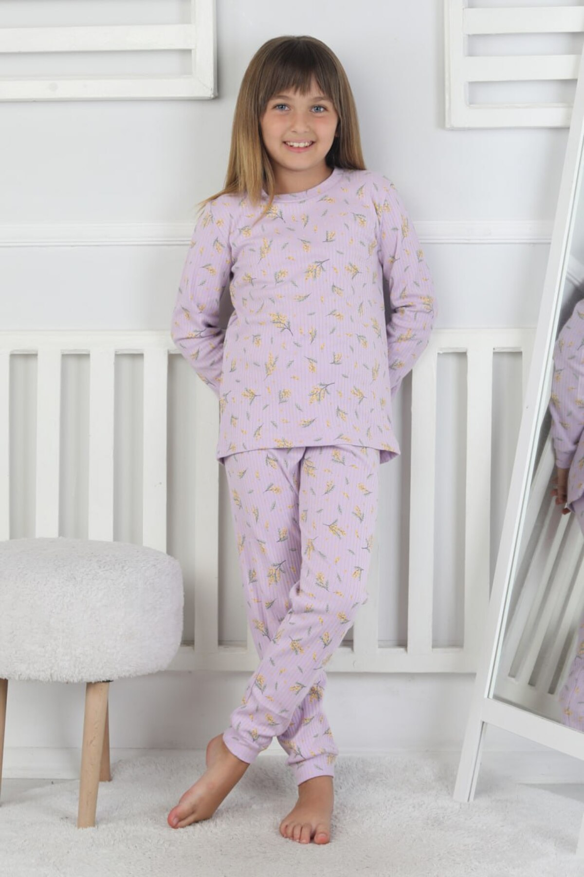 bunny hopp Kız Çocuk Lila Çiçek Desenli %100 Pamuk Fitilli Interlok Pijama Takımı 3-8 Yaş fotoğrafı 2 (önizleme)