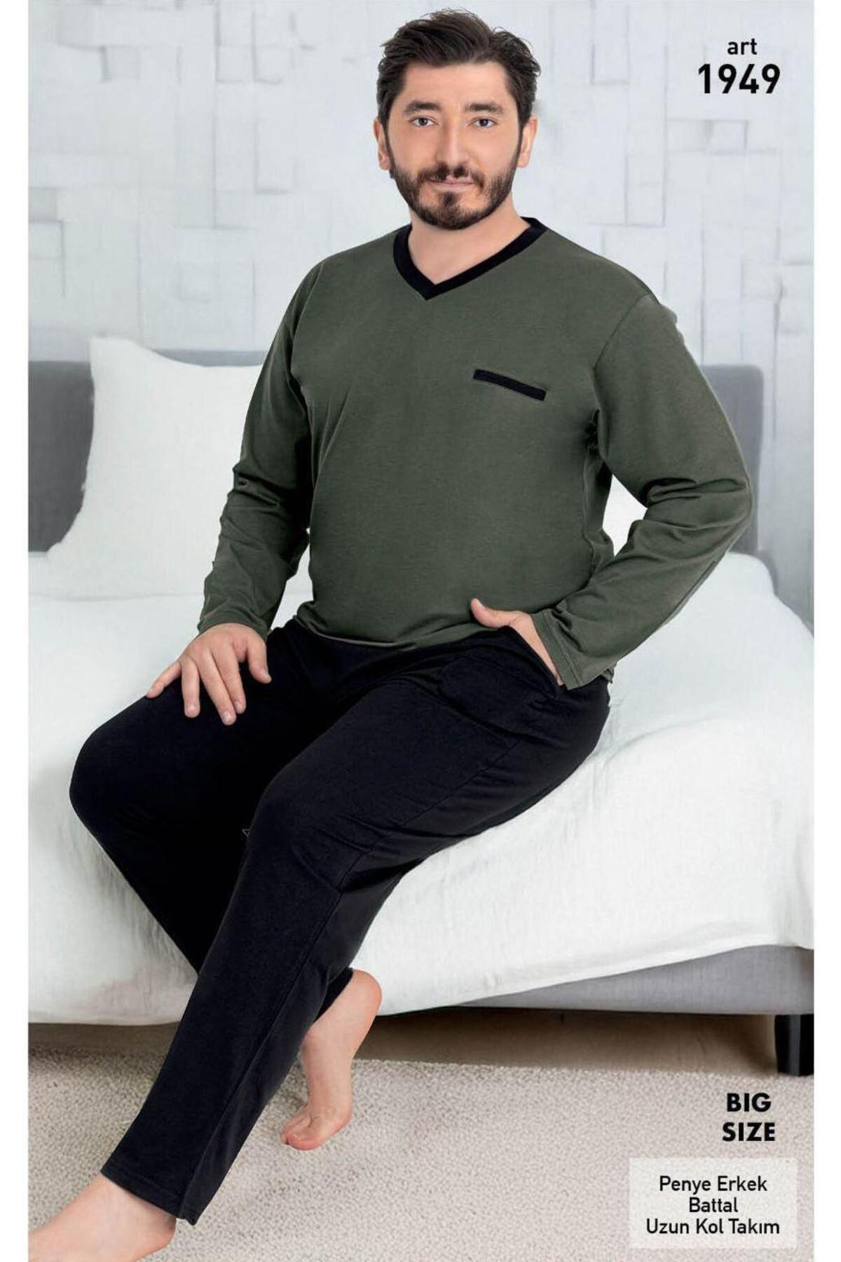 VAJESTO Erkek Koyu Yeşil Pijama Takım Battal Uzun Kollu Pantolon Cotton Mevsimlik Cepli Regular Büyük Beden