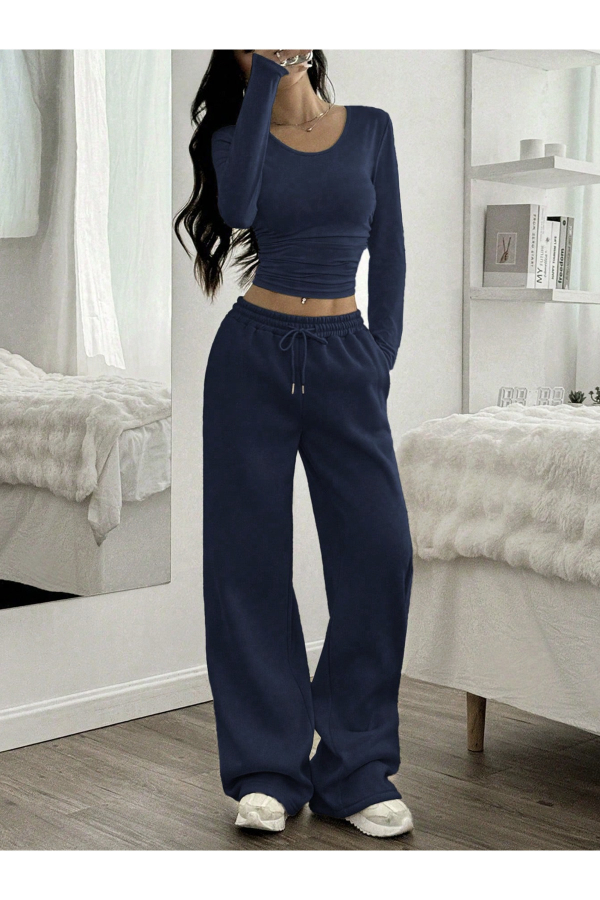 S&A DESIGN Γυναικείο χειμερινό μπλε ναυτικό ύφασμα με 2 κλωστές, χοντρό επένδυση από φλις, χτενισμένο βαμβακερό ύφασμα, φούτερ