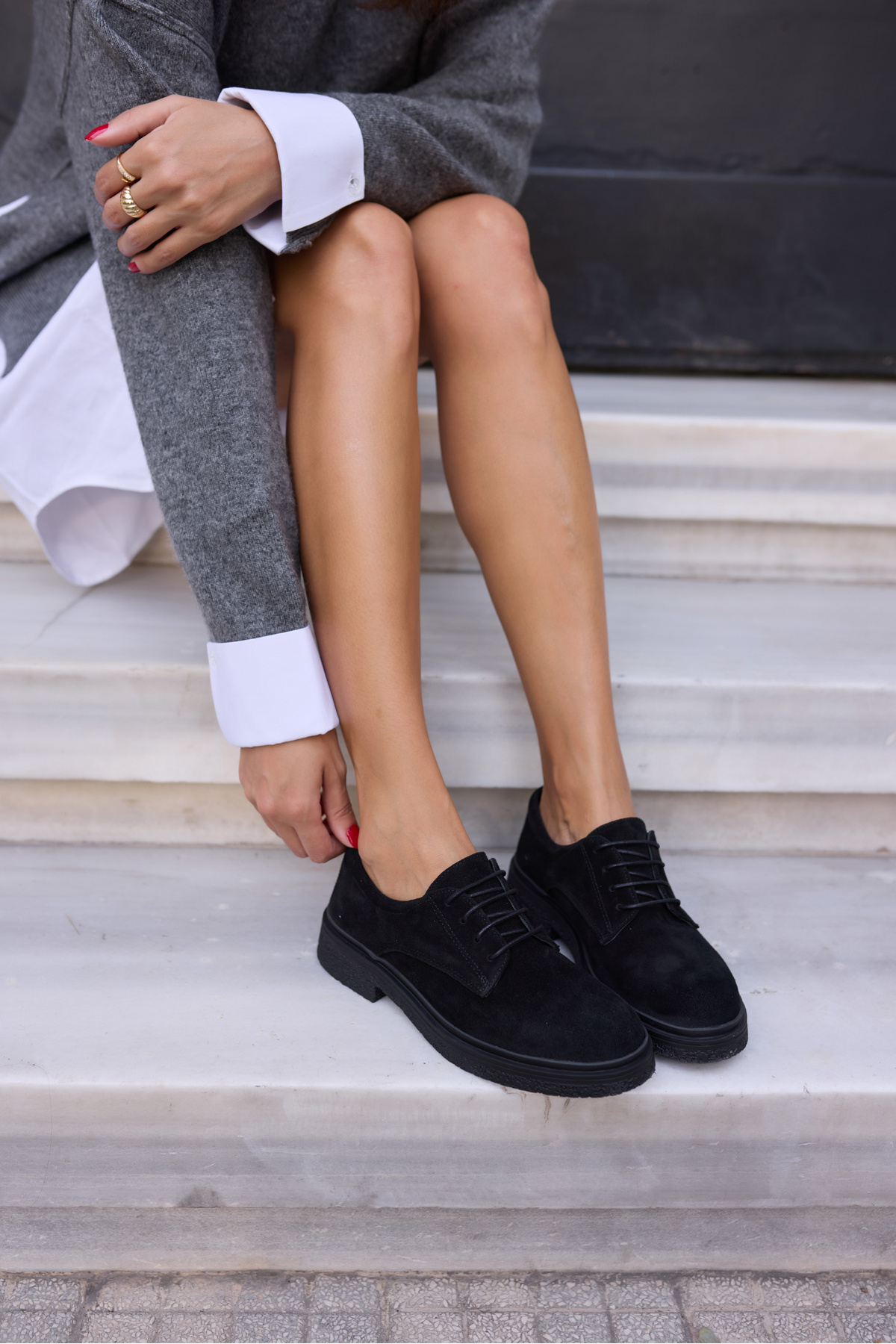 ANGELİNA JONES LECH KADIN SİYAH GERCEK SUET BAGCIKLI OXFORD LOAFER AYAKKABİ görsel 6