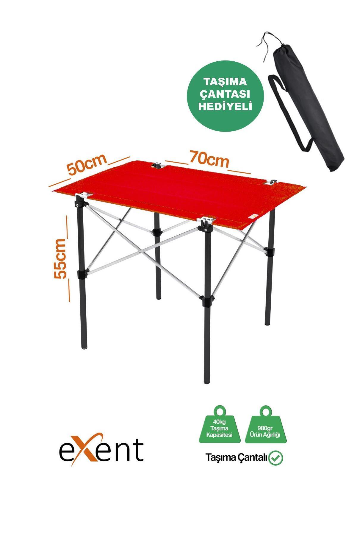 Exent 50x70 cm Kamp Masası Katlanabilir Masa, Piknik Masası, Siyah Taşıma Çantalı-KIRMIZI