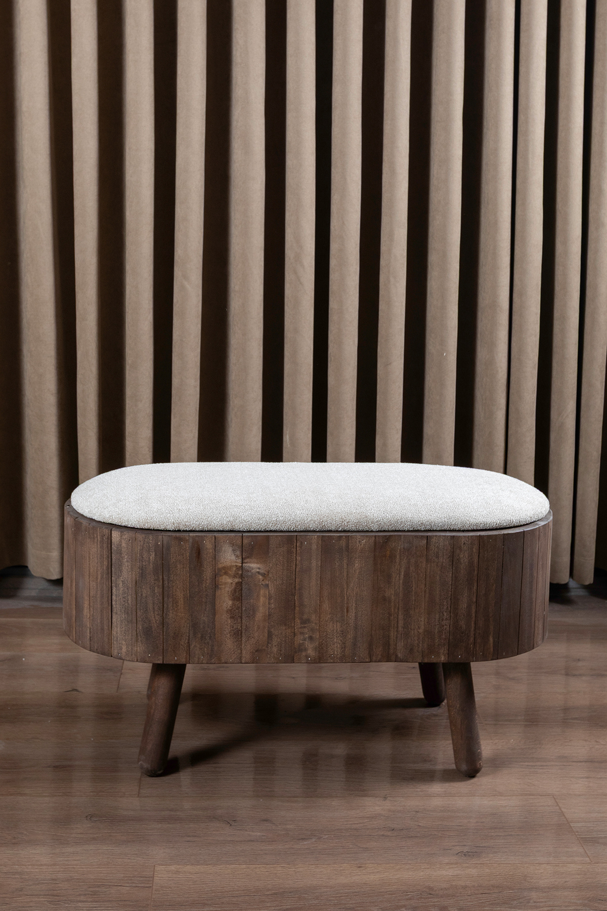 Aberteka Becca Sandıklı Puf/Bench Doğal Ahşap Kaplamalı Koyu Ceviz Renk, Sütlü Kahve Mikro Fiber Bukle Kumaş