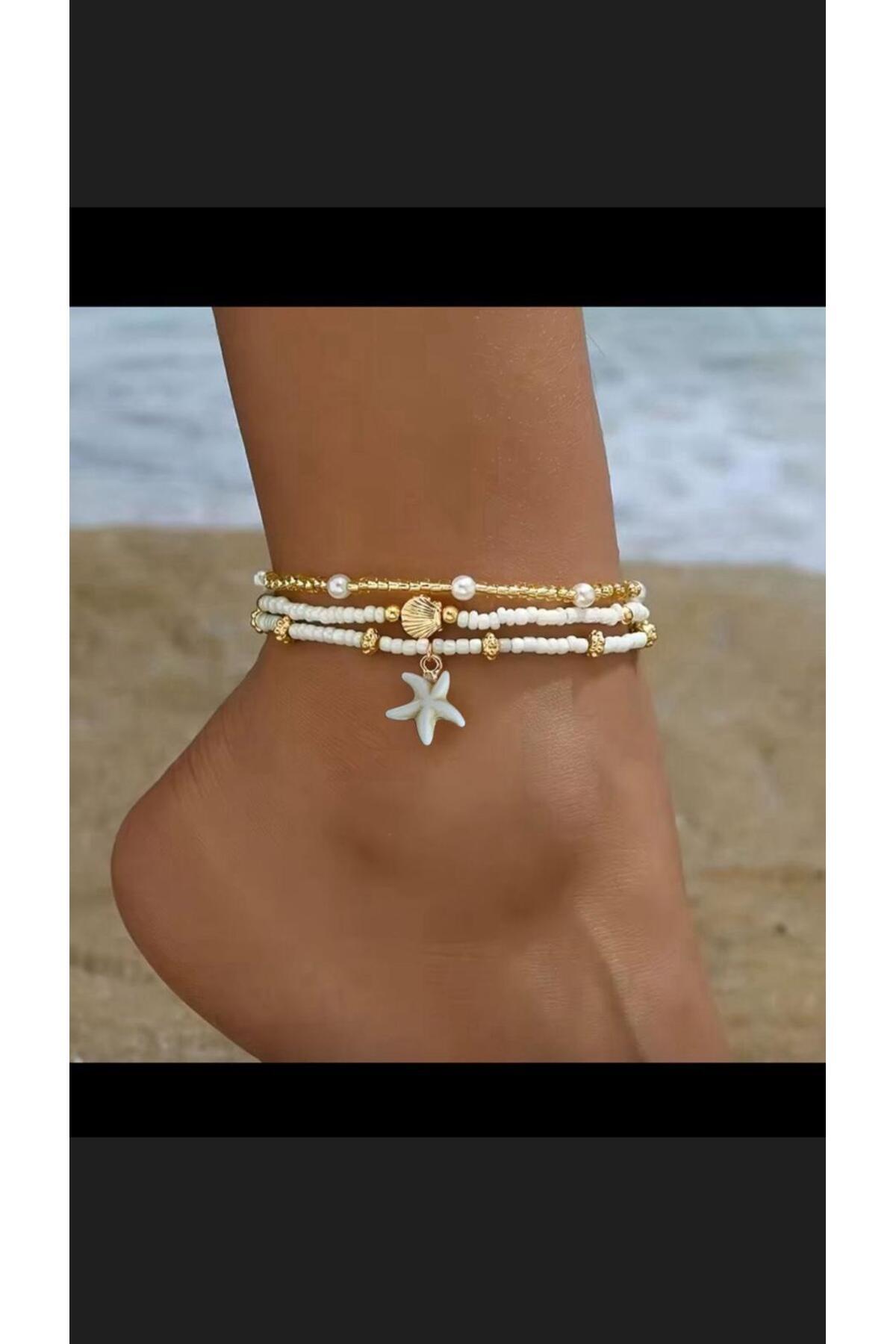 Arescollection 3 LÜ DENİZ YILDIZLI GOLD İSTİRİDYE DETAYLI ZARİF HALHAL