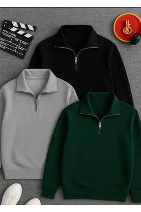 blackbonds 3 LU Dik Yakalı Fermuarlı Oversize Unisex Sweatshirt 2iplik şardonlu