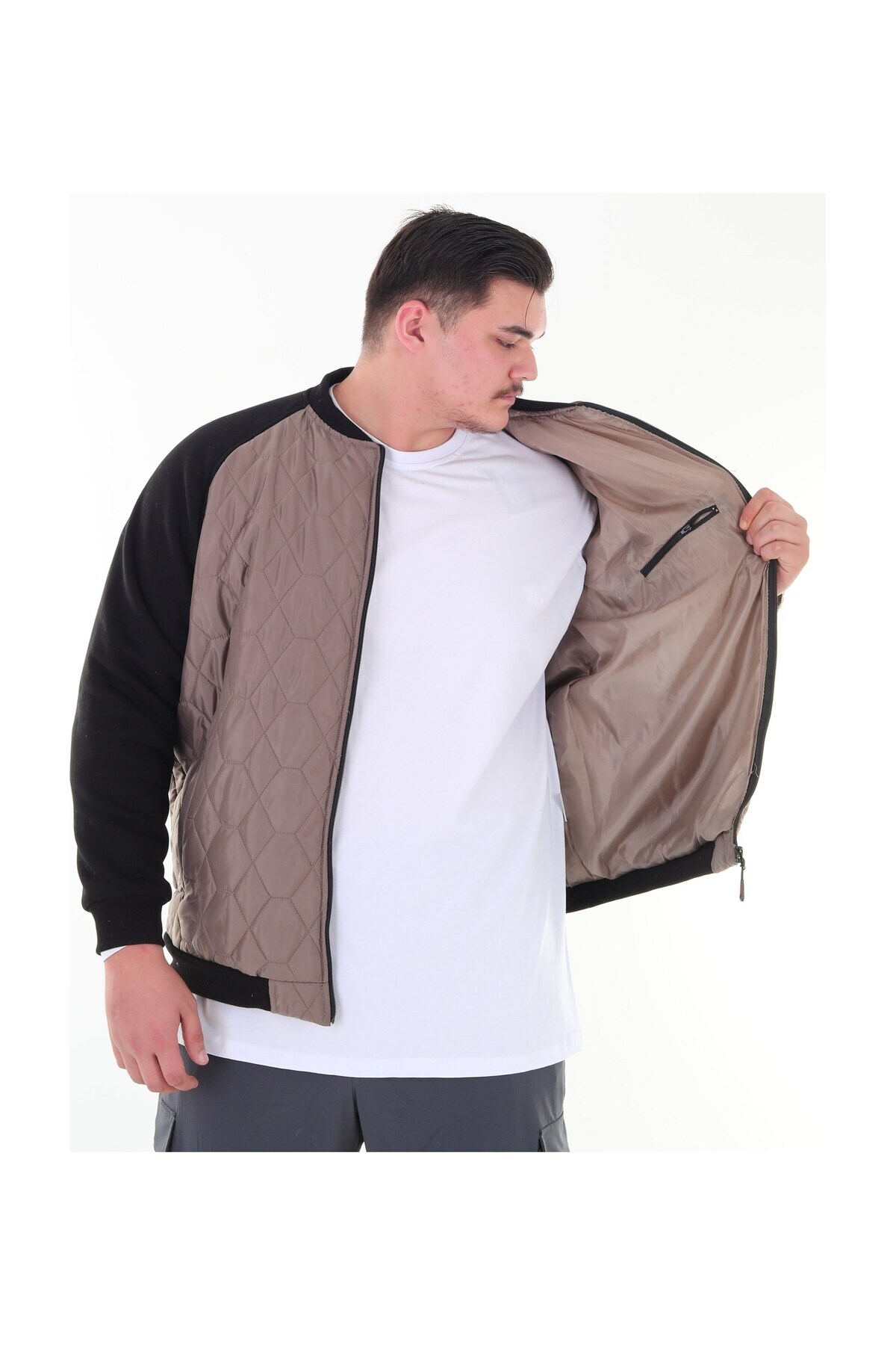 marufshop Erkek Büyük Beden 120 Kilo-158 Kilo Arası İçin Uygun Dik Yaka Parçalı Mevsimlik Hafif Mont görsel 4