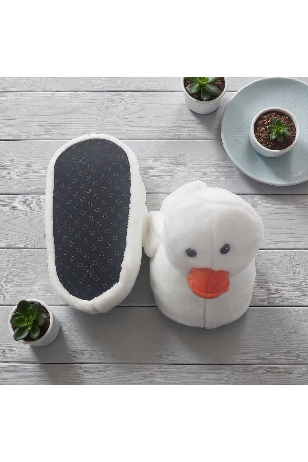 Migenty beyaz ördek figürlü kadın panduf süper yumuşak peluş kumaş ev pandufu kaymaz tabanlı yeni sezon görsel 3