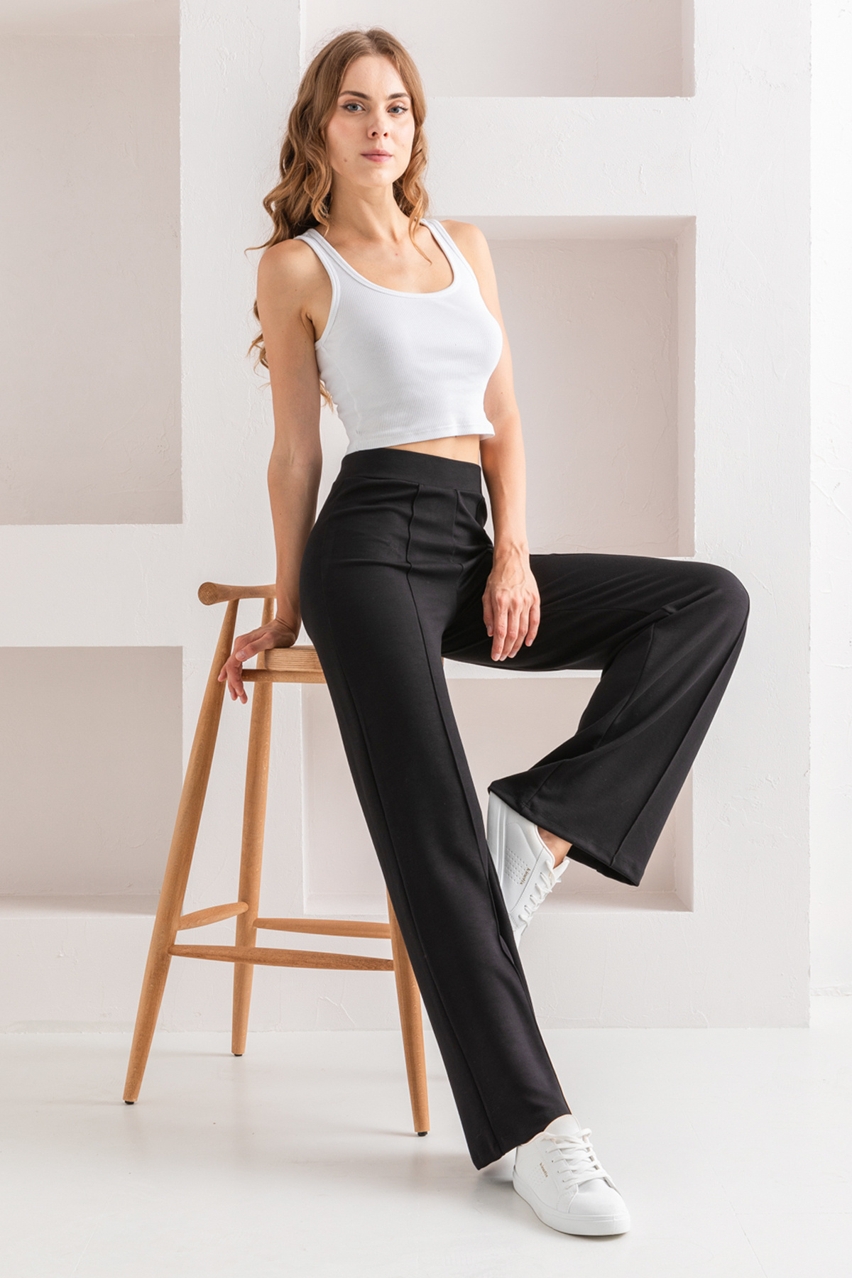 Moda HÜMEYRA Kadın Yüksek Bel Toparlayıcı Önü Nervürlü Geniş Kalıp Bol Paça Modal Kumaş Tayt Pantolon