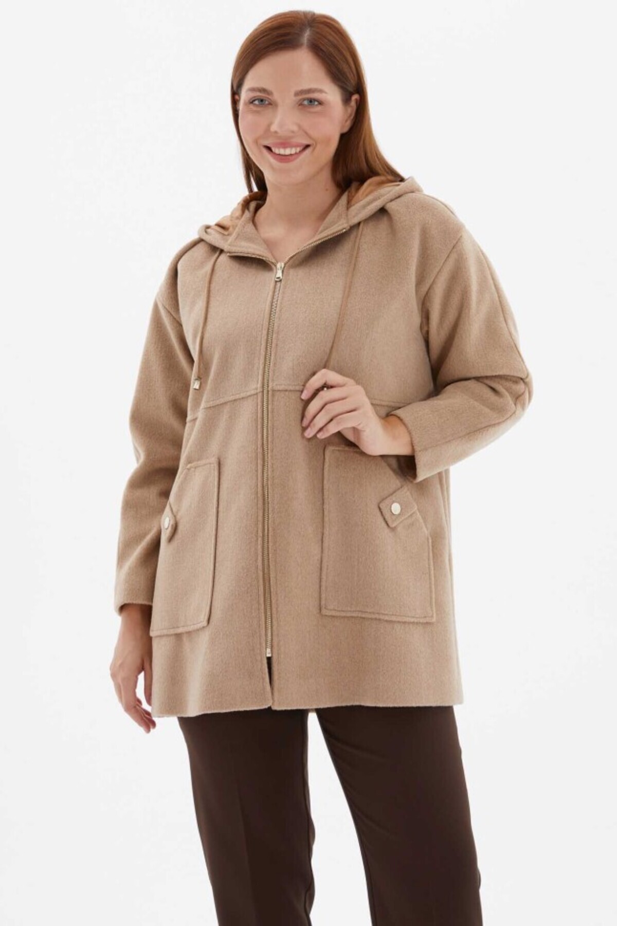 Selen Giyim Büyük Beden Fermuarlı Dıştan Cep Kaban