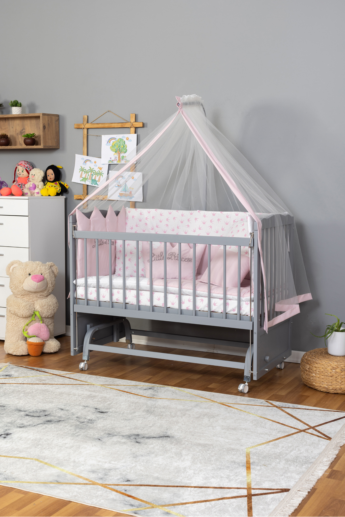 BamgidooMobilya Doğal Ahşap Beşik Anne Yanı Sallanır 70X130 - NAKIŞLI Uyku Seti +Cibinlik