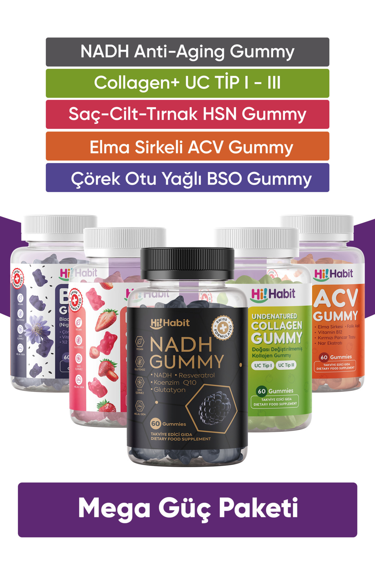 Hi Habit NADH - KOLAJEN - HSN - ACV ve BSO Full Takviye Edici Gıda Seti Avantajlı Paket