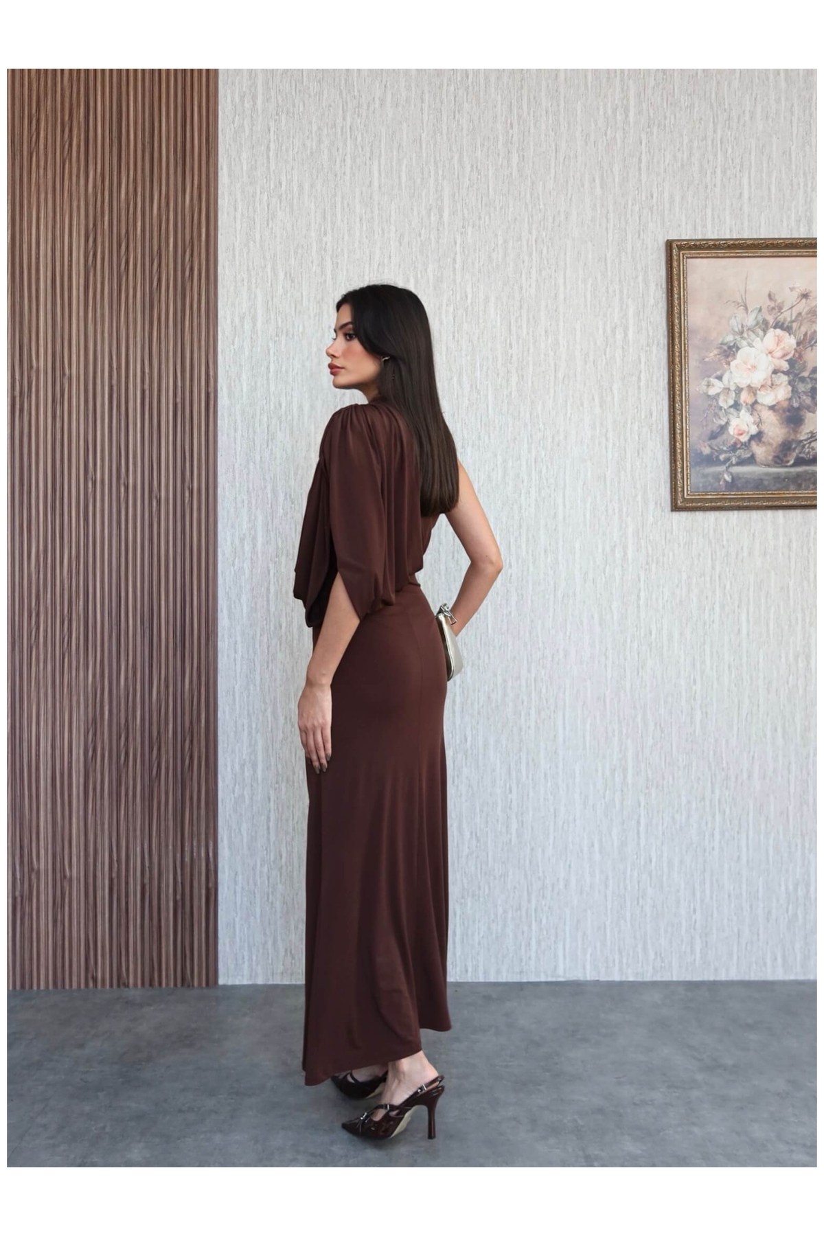 ESRAHELVACI  Tek Omuz Drapeli Uzun Elbise - Görsel 5