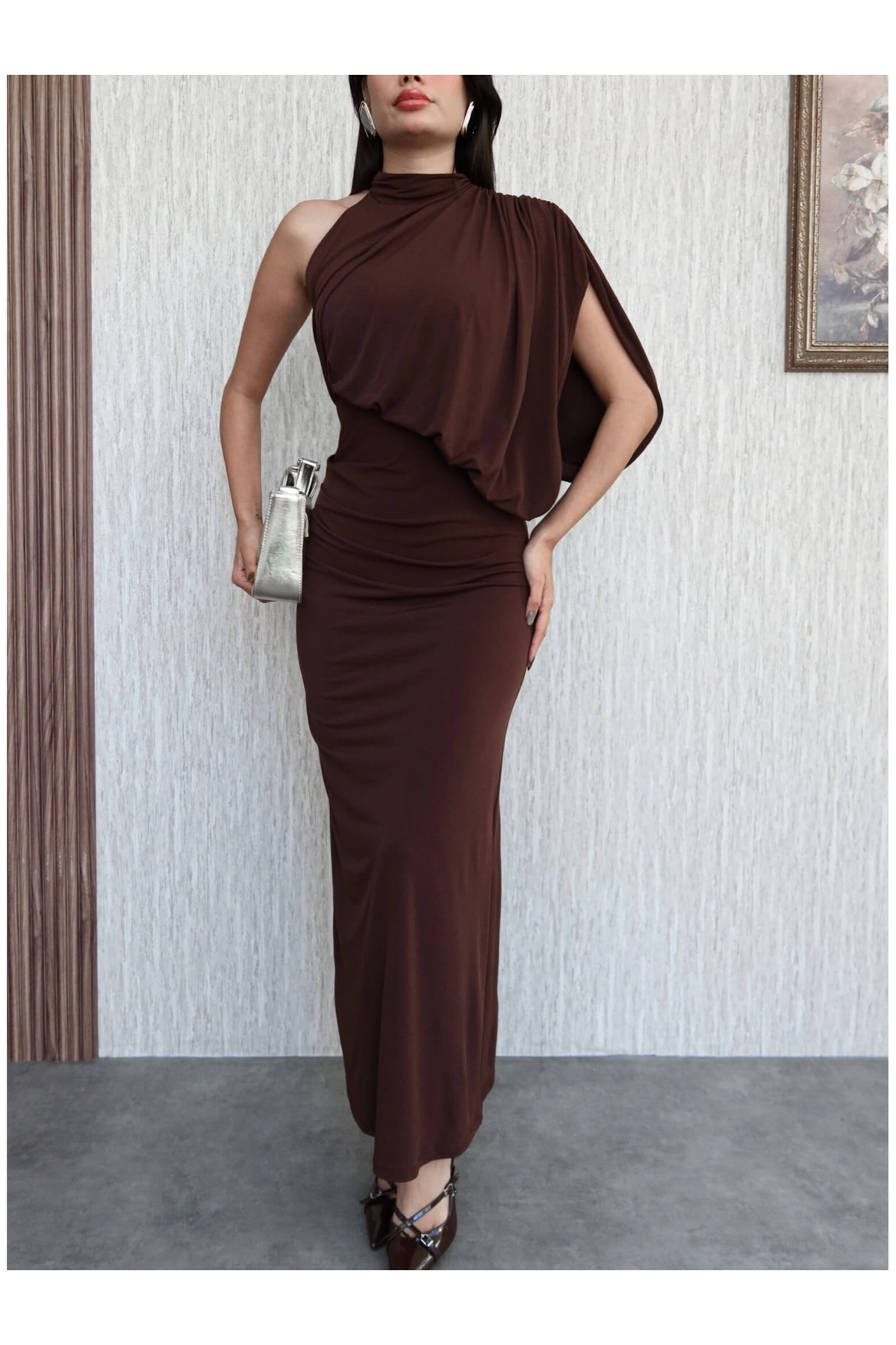 ESRAHELVACI  Tek Omuz Drapeli Uzun Elbise - Görsel 3
