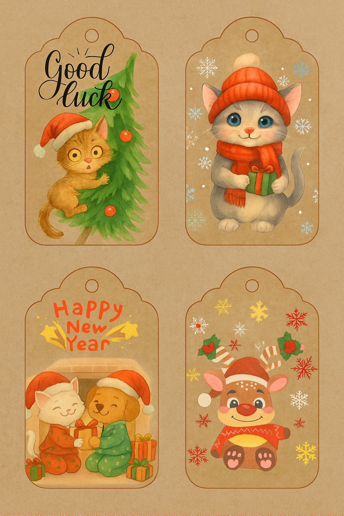 Dekals 20 Adet Farklı Kraft Paketleme Kartı Yılbaşı Temalı Delikli Etiket Sevimli Dostlar (Sadece Etiket)