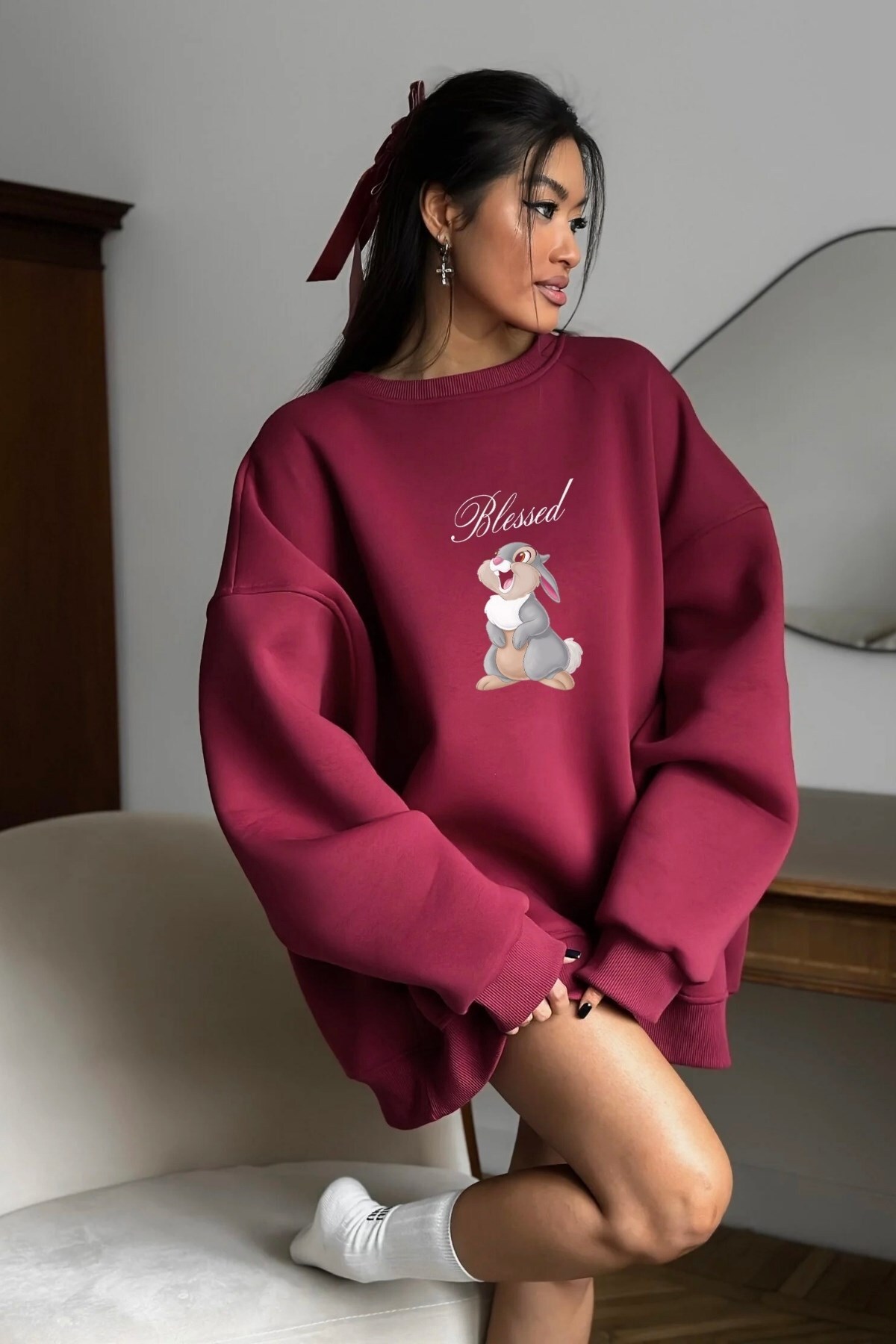 The Champ Clothing Kadın Oversize Sweatshirt Elbise Blessed Bunny Baskılı Bordo, Bisiklet Yaka, 3 İplik Şardonlu Polar görsel 5
