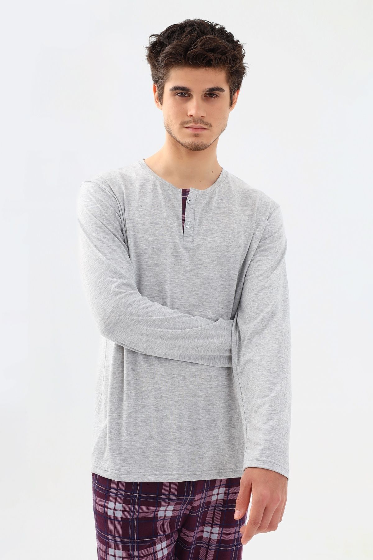 koza iç giyim Erkek Pamuklu Uzun Kollu Önü Patlı Ekose Desenli Pijama Takımı görsel 4