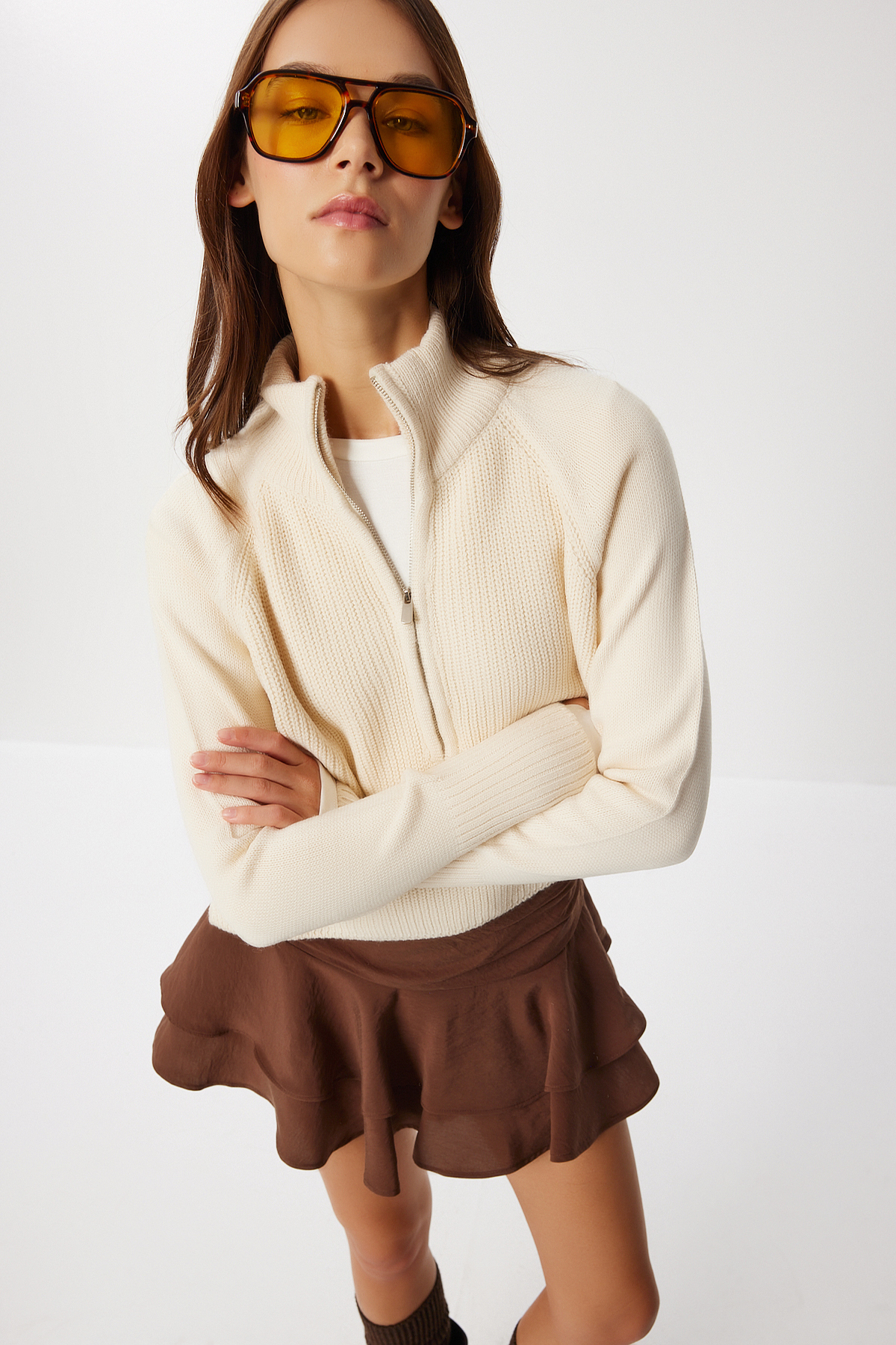 Lovelyİstanbul  Fermuarlı Dik Yaka Triko Kazak LFG0162 KREM - Görsel 3