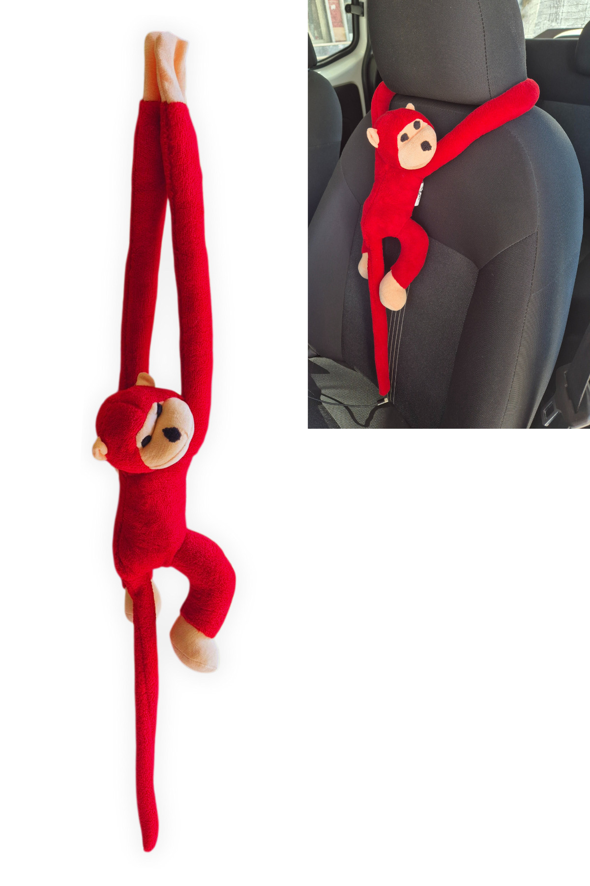 TUSBA MARKET Araç İçi Dekoratif Kırmızı Pelüş Maymun Yastık | Yapışkan Elleriyle Koltuğa Sarılan Sevimli Aksesuar