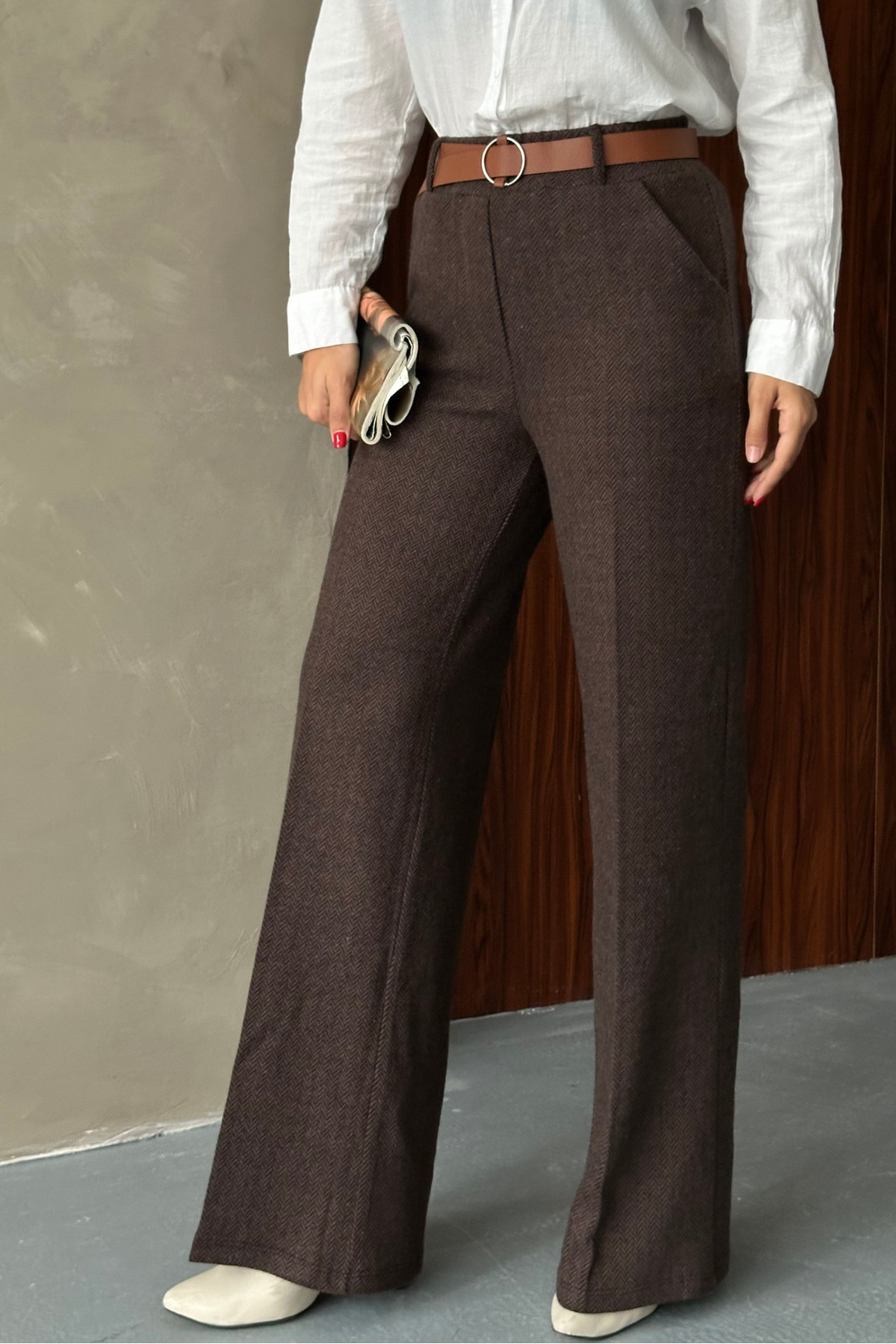 macharel jeans  Kadın Desenli Bol Paça Cepli Kemerli Palazzo Pantolon - Görsel 8