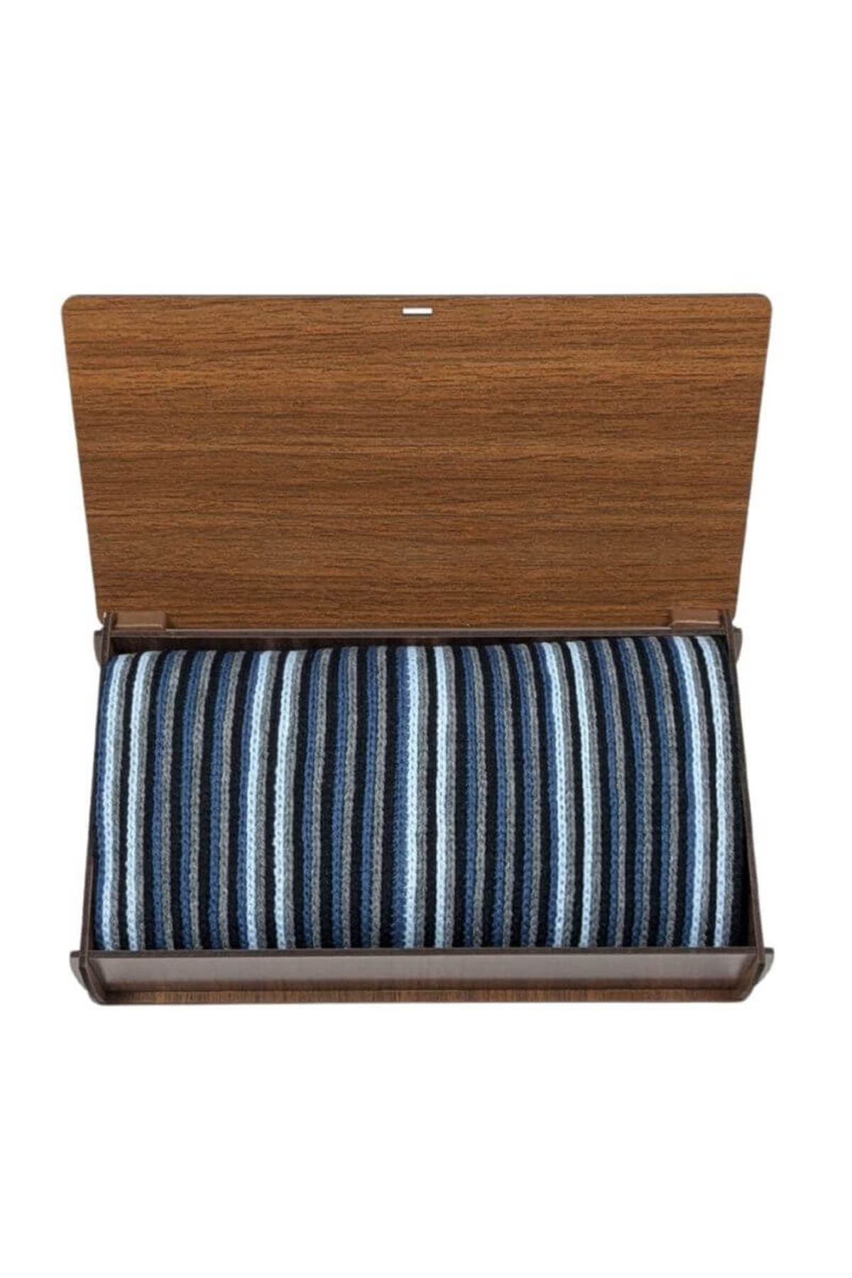  شال گردن مردانه زمستانی راه راه آبی، سرمه‌ای و خاکستری در جعبه کادویی چوبی